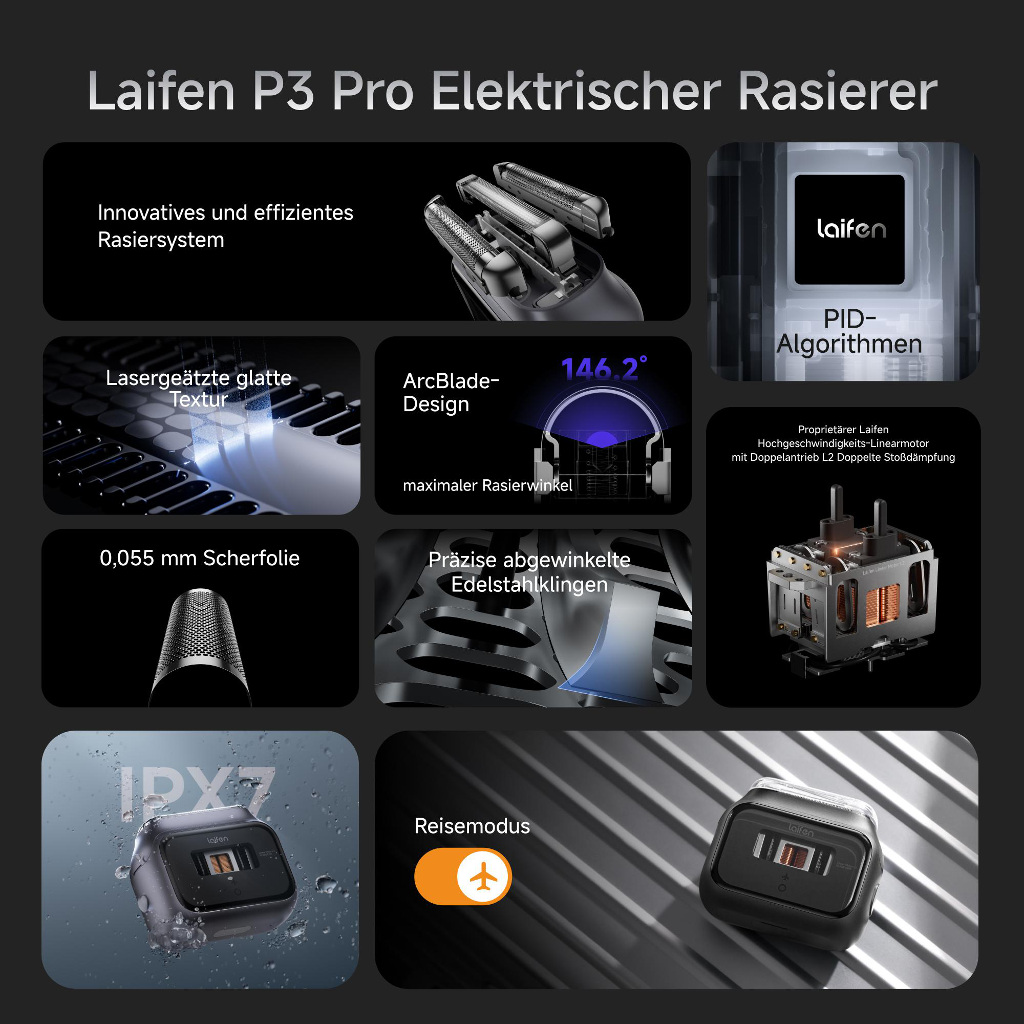 Werbung für einen Elektrorasierer mit Funktionen wie ArcBlade-Design, Edelstahlklingen und Reisemodus.