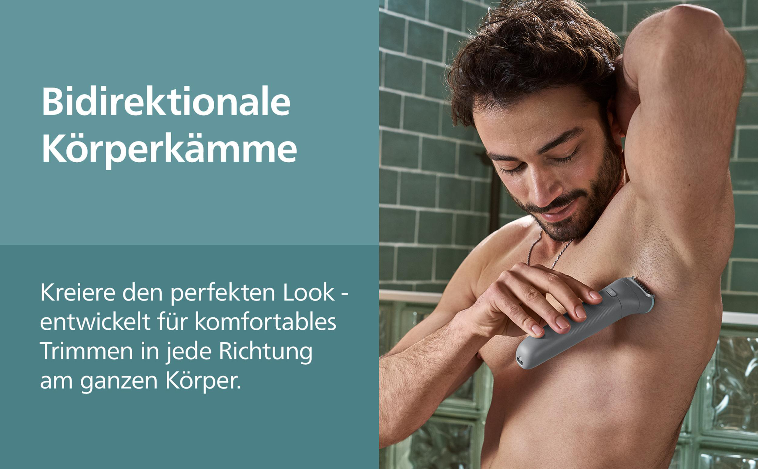Mann rasiert Achselhöhle mit grauem Trimmer. Text sagt 'bidirektionale Körperkämme' und beschreibt komfortables Trimmen.