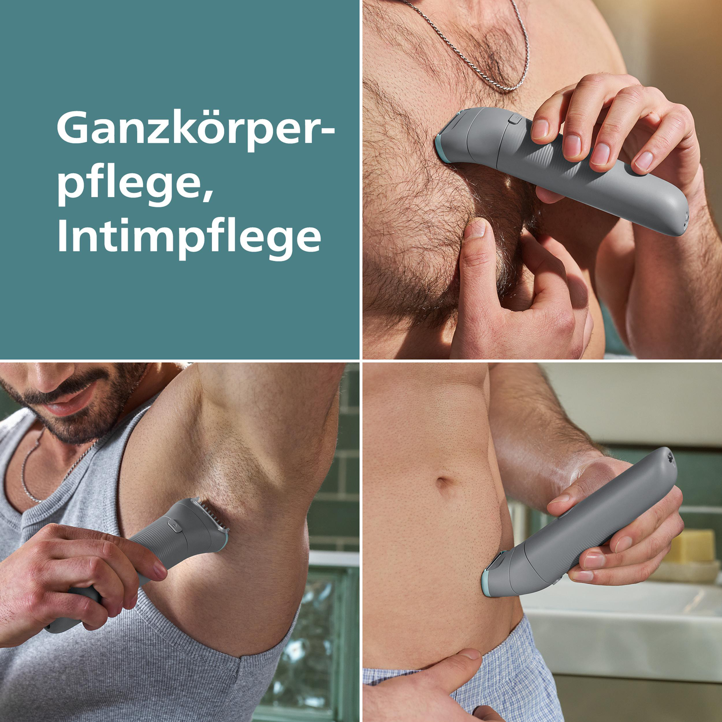 Das Bild zeigt die Rasur mit einem grauen Trimmer an Brust, Achsel und Bauch, mit Text über Körper- und Intimbereichpflege.
