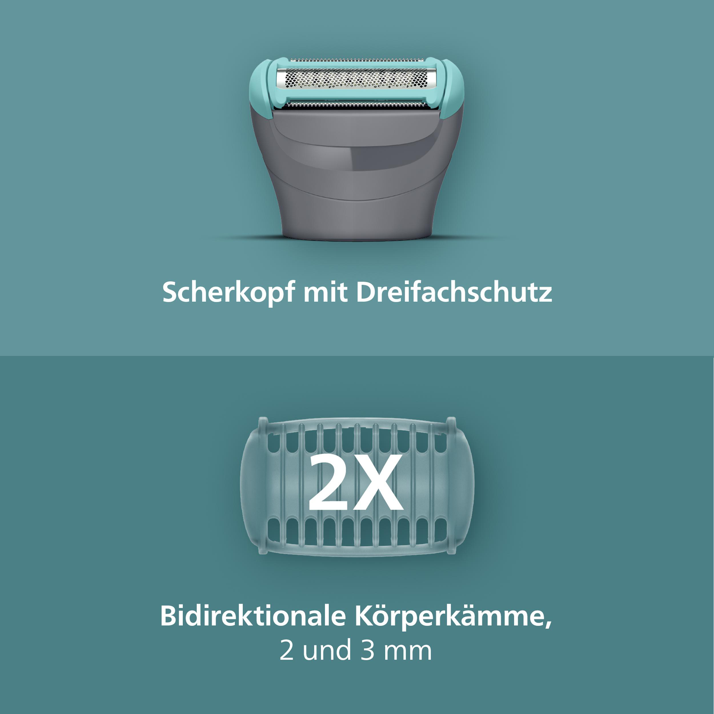 Das Bild zeigt einen Scherkopf und einen Körperkamm. Text auf Deutsch beschreibt die Funktionen, mit 2x für den Kamm.