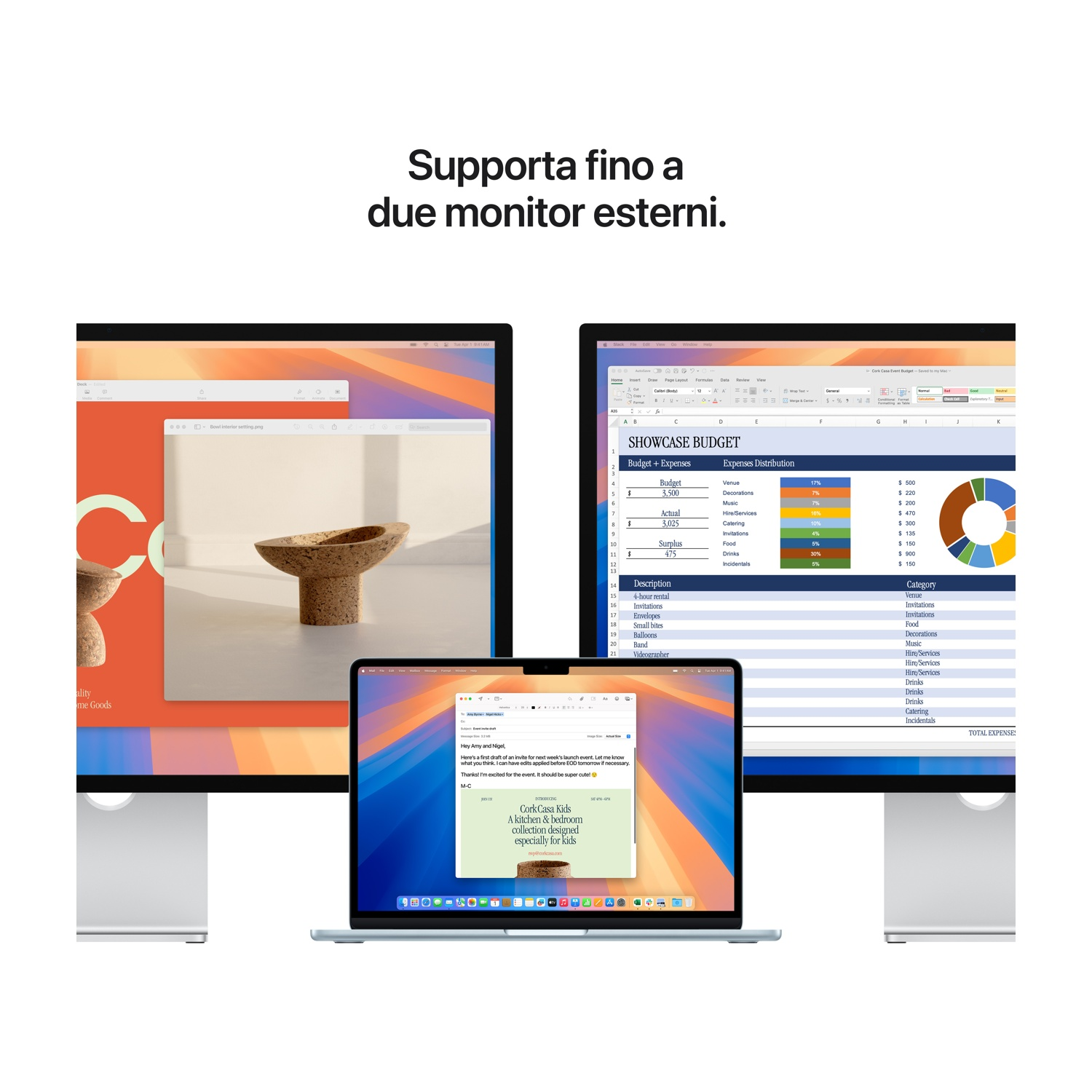 Tre schermi che mostrano documenti e un budget. Sovrapposizione di testo: 'Supporta fino a due monitor esterni'.