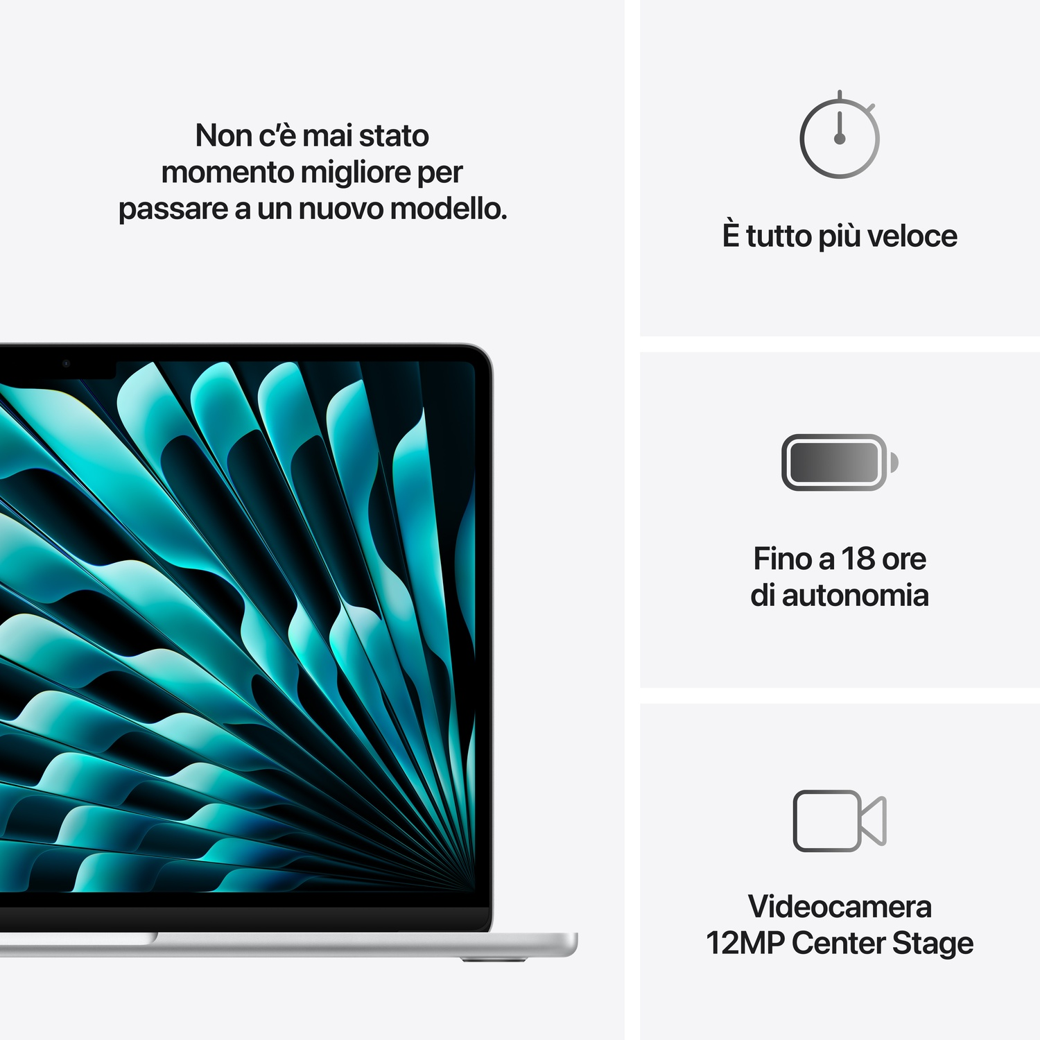 Laptop con schermo verde acqua e nero, testo in italiano: 'È tutto più veloce', 'Fino a 18 ore di autonomia' e '12MP Center Stage'.