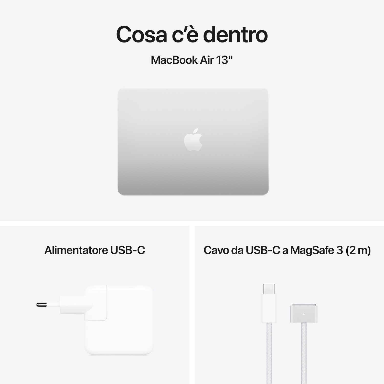 L'immagine mostra un MacBook Air 13", un adattatore di alimentazione USB-C e un cavo USB-C a MagSafe 3. Tutti gli elementi sono bianchi, su sfondo bianco.