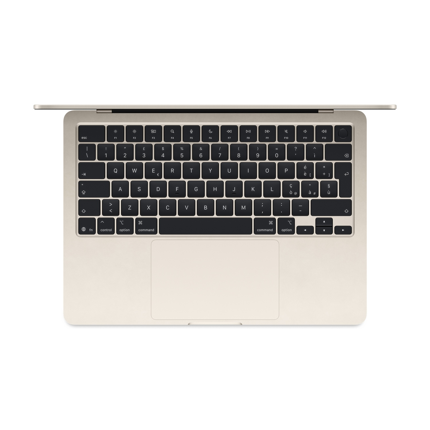 Vista dall'alto di un laptop con tastiera dorata e tasti neri, su sfondo bianco.