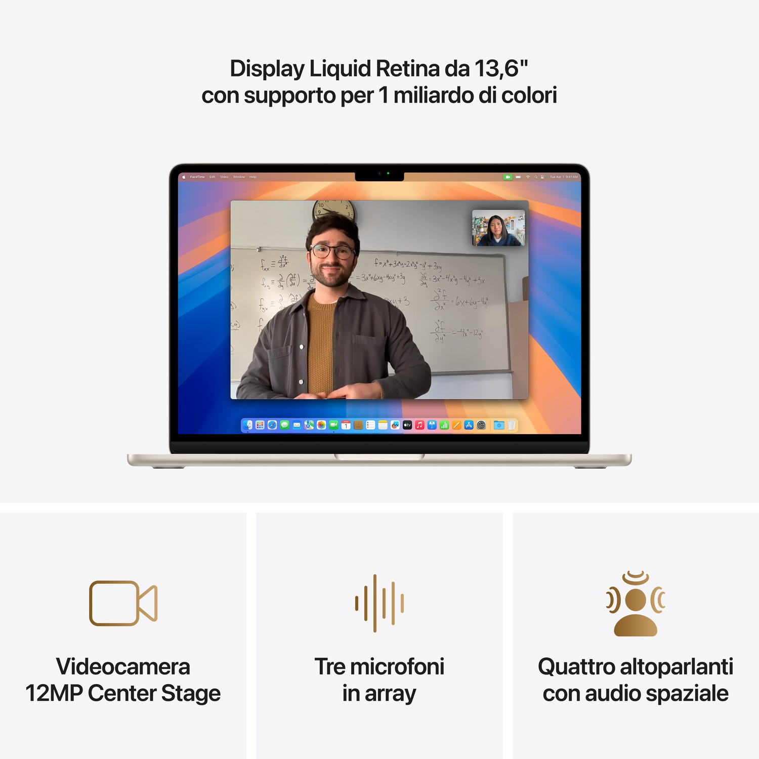 Un laptop mostra una videochiamata con una persona davanti a una lavagna con equazioni. Include fotocamera, microfoni e altoparlanti.
