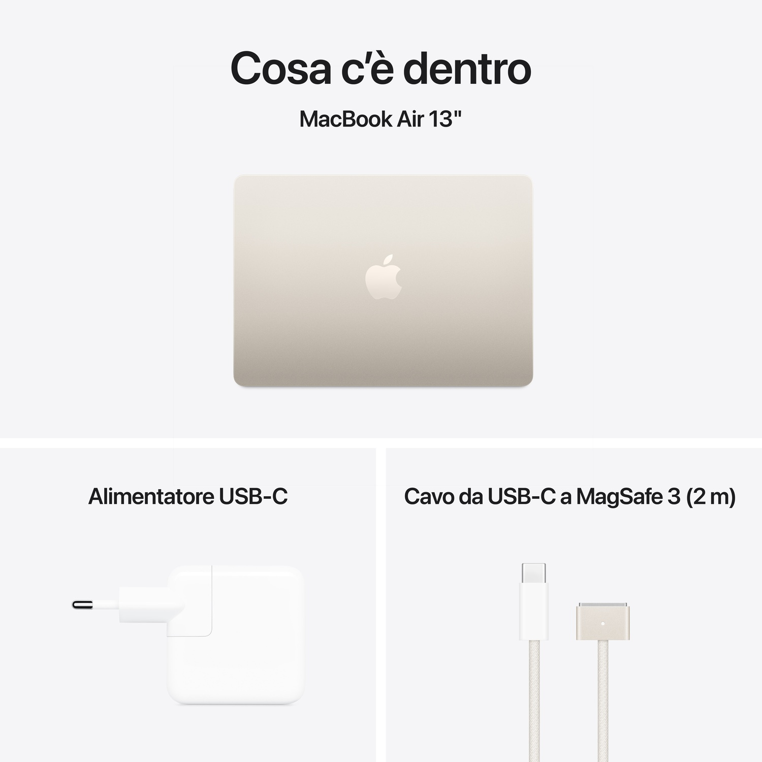 Un MacBook Air 13" con caricatore USB-C e cavo USB-C a MagSafe 3 è mostrato su sfondo bianco.