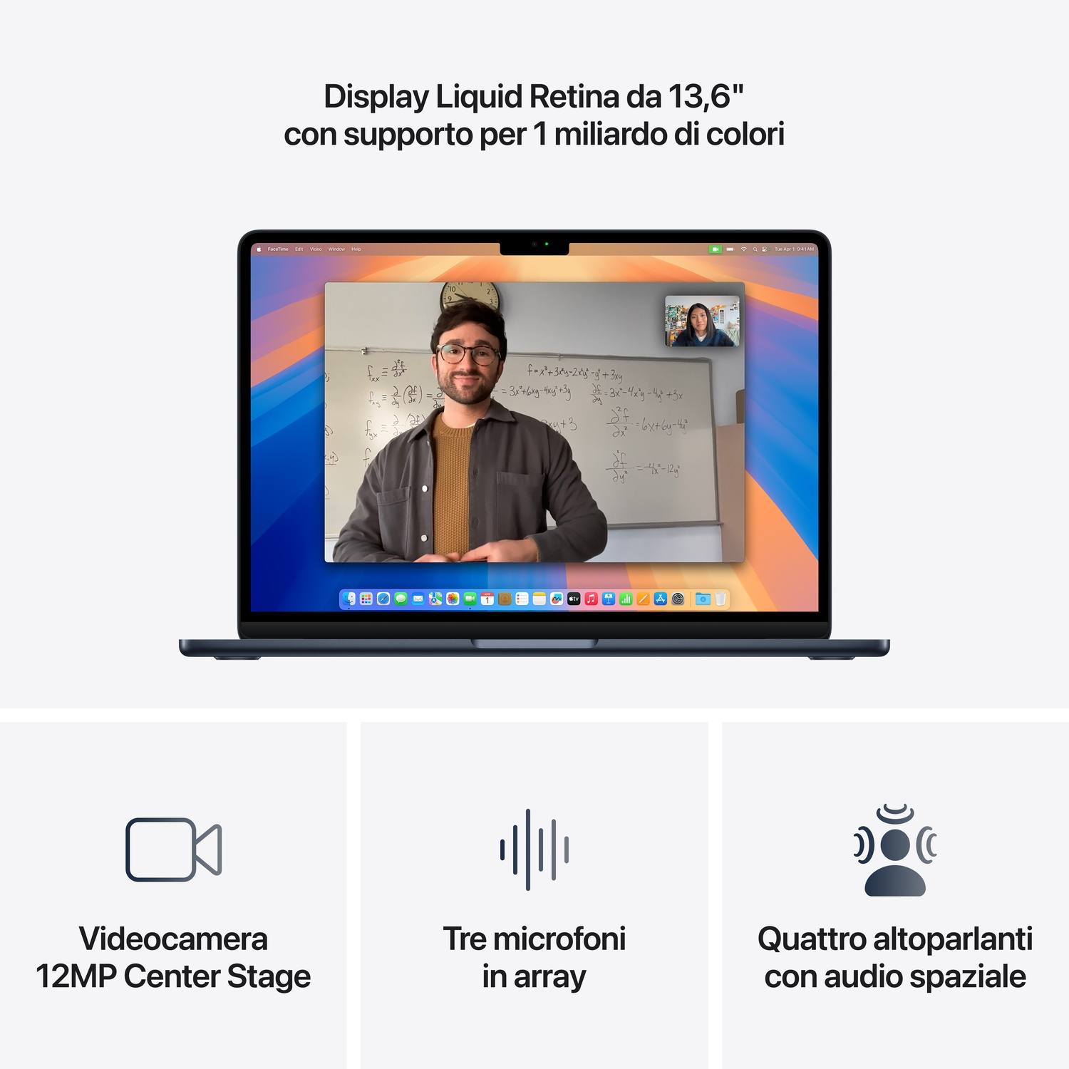 Un laptop mostra una videochiamata con una persona. Sotto, icone per fotocamera, microfono e altoparlanti, con descrizioni testuali.