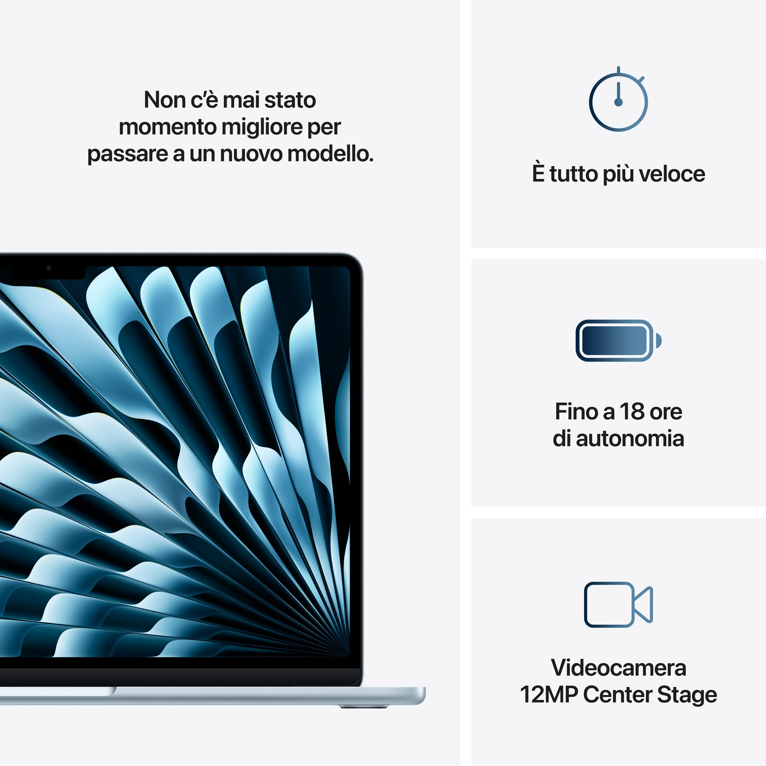 L'immagine mostra un laptop con schermo blu, testo su velocità, durata batteria e fotocamera da 12MP, tutto su sfondo bianco.