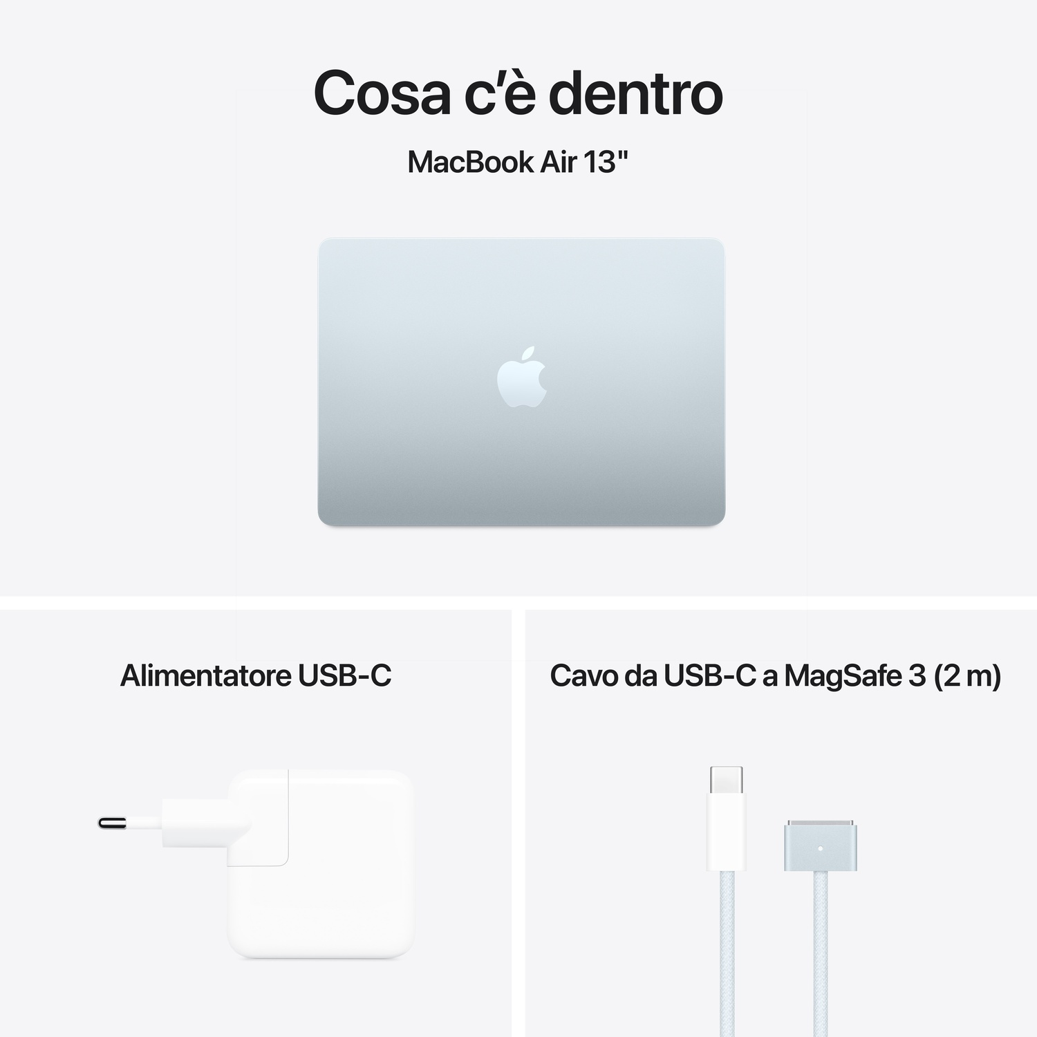 L'immagine mostra un MacBook Air 13", un adattatore di alimentazione USB-C e un cavo da USB-C a MagSafe 3 su sfondo bianco. Il testo recita: 'Cosa c'è dentro?'