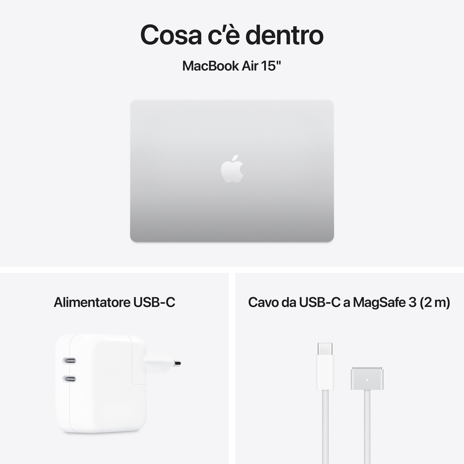 L'immagine mostra un MacBook Air 15" argento, un alimentatore USB-C bianco e un cavo bianco con connettore MagSafe 3.