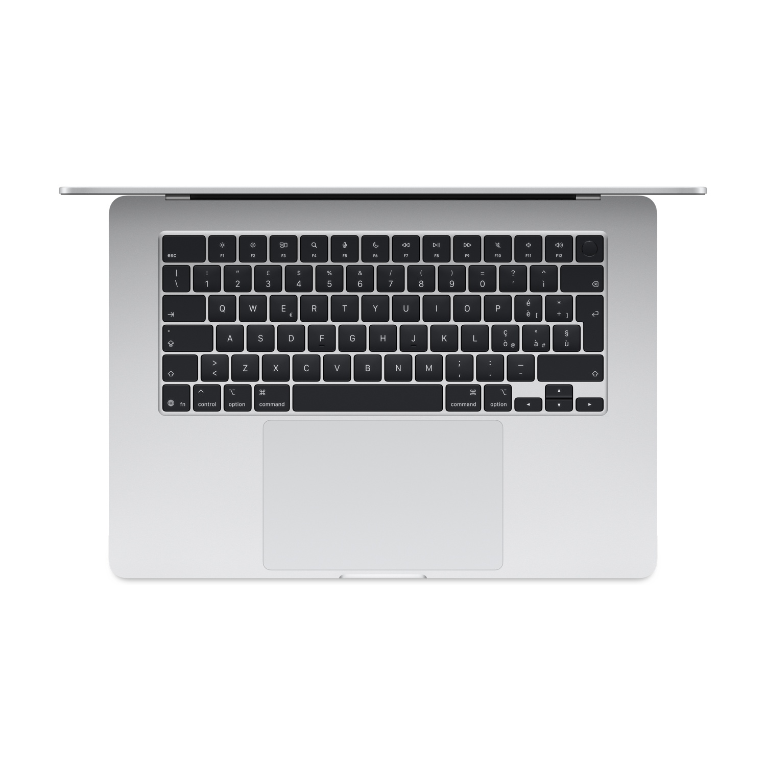 Un laptop argento, vista dall'alto. La tastiera è nera con tasti bianchi. Il trackpad è bianco. Lo schermo è leggermente aperto.