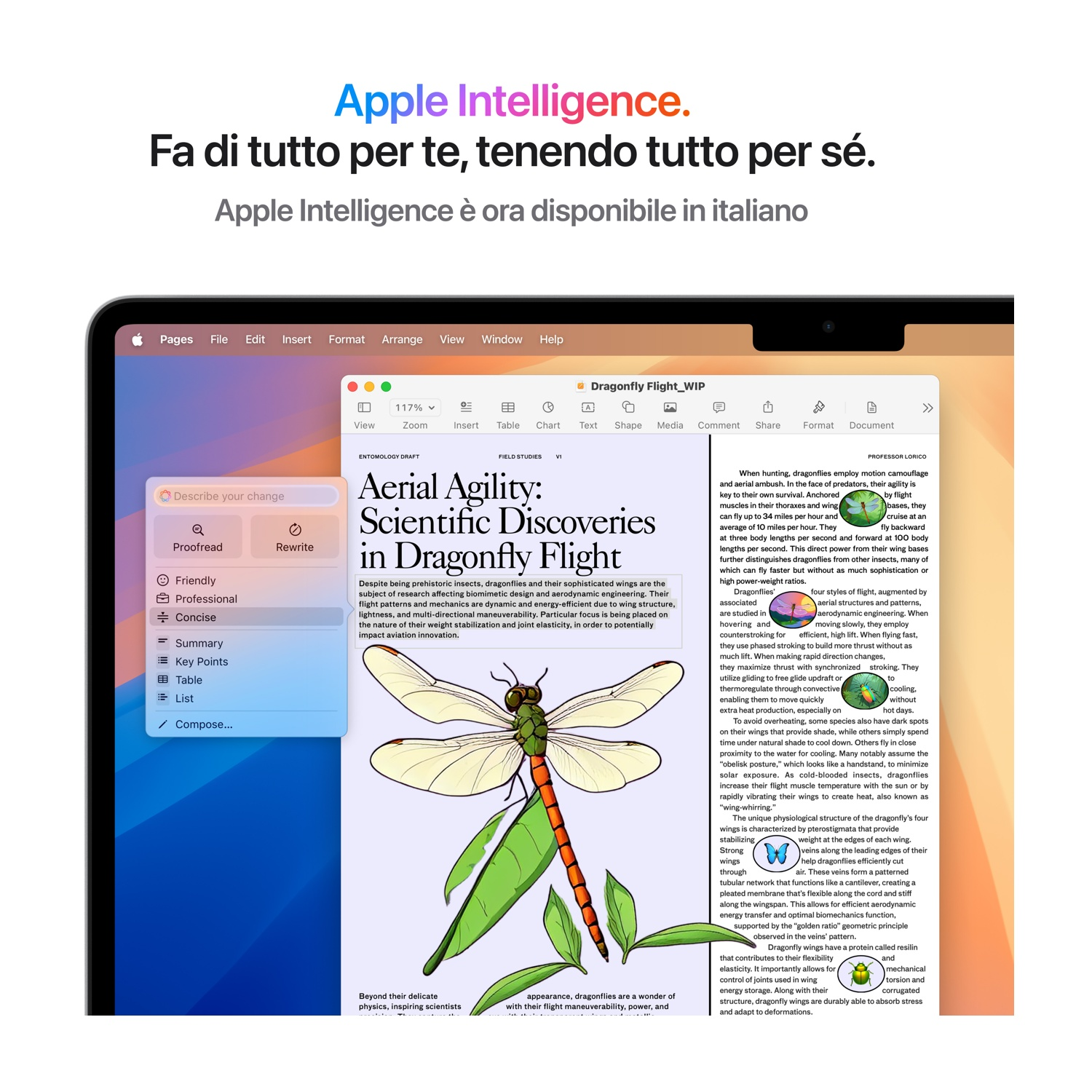 Annuncio Apple con testo italiano, schermo MacBook con articolo sul volo delle libellule e illustrazione di libellula.