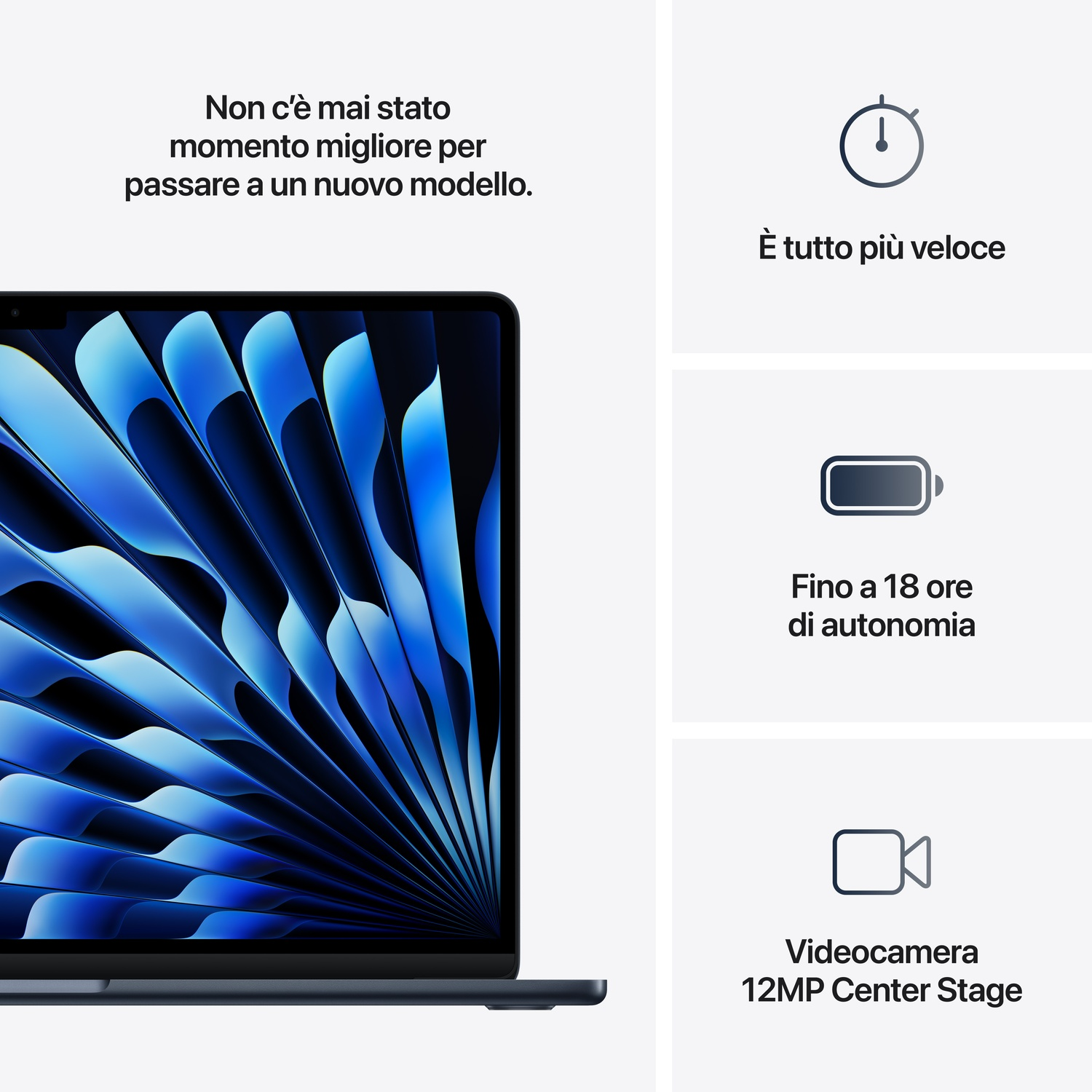 Laptop con grafica blu e bianca. Testo: più veloce, fino a 18 ore di batteria, fotocamera 12MP. Presente anche testo italiano.