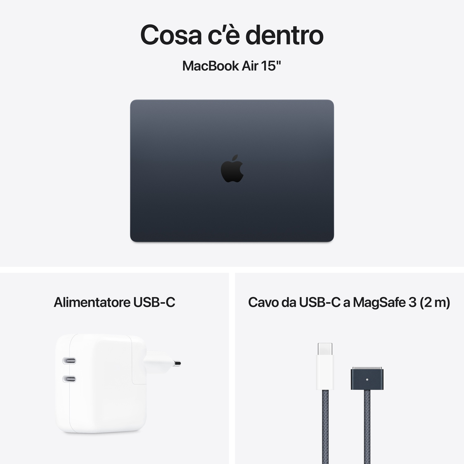L'immagine mostra un MacBook Air 15", un caricabatterie USB-C e un cavo da USB-C a MagSafe 3. Sono tutti prodotti Apple su sfondo bianco.