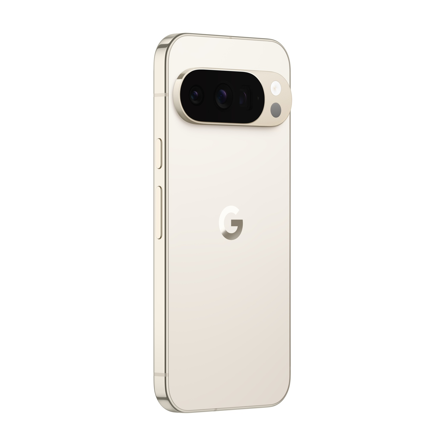 Un telefono Google Pixel dorato, vista posteriore, mostra la barra della fotocamera con lenti e il logo Google. Sfondo bianco.