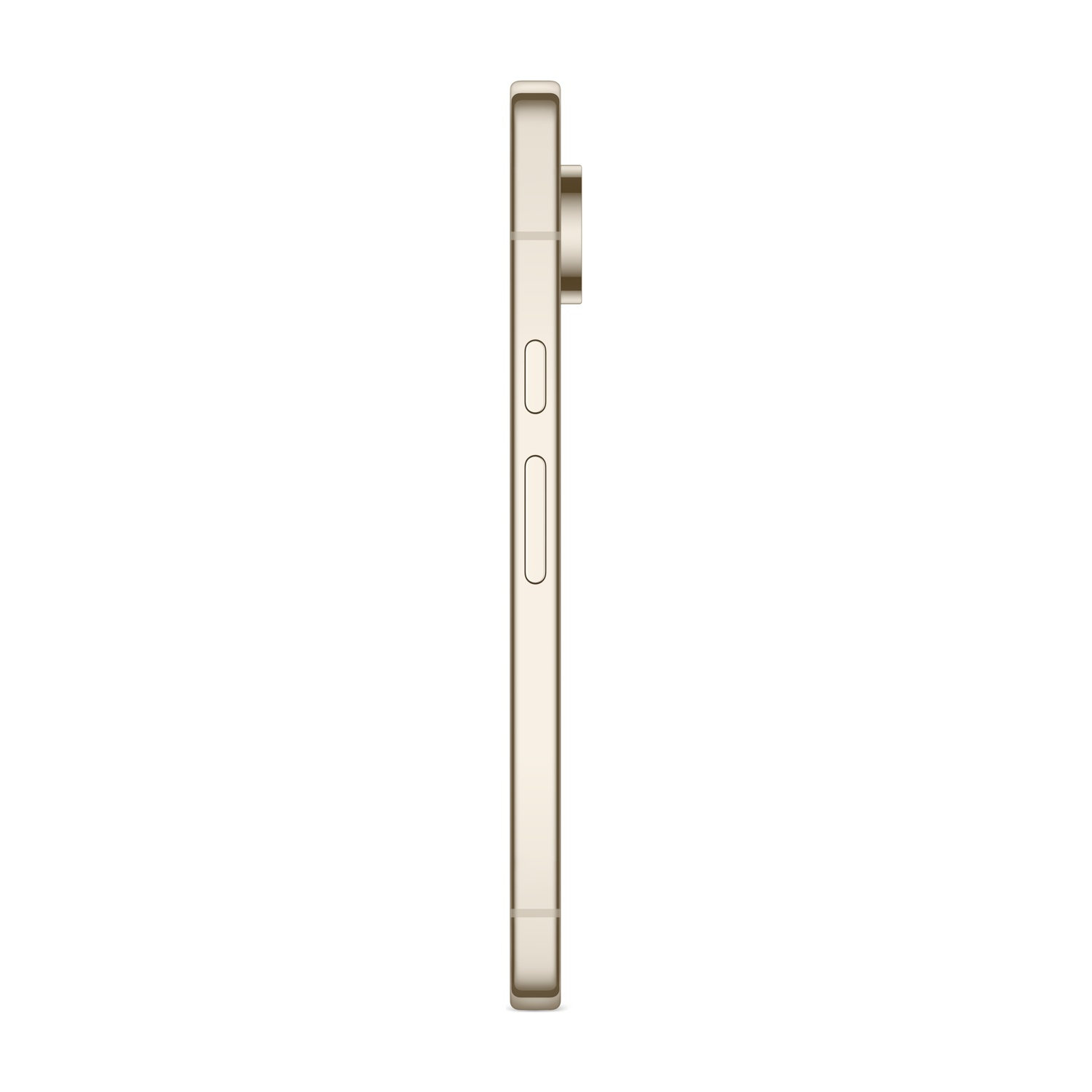 Vista laterale di uno smartphone dorato. Il telefono ha un'estensione della fotocamera, pulsanti del volume e un pulsante di accensione. Lo sfondo è bianco.