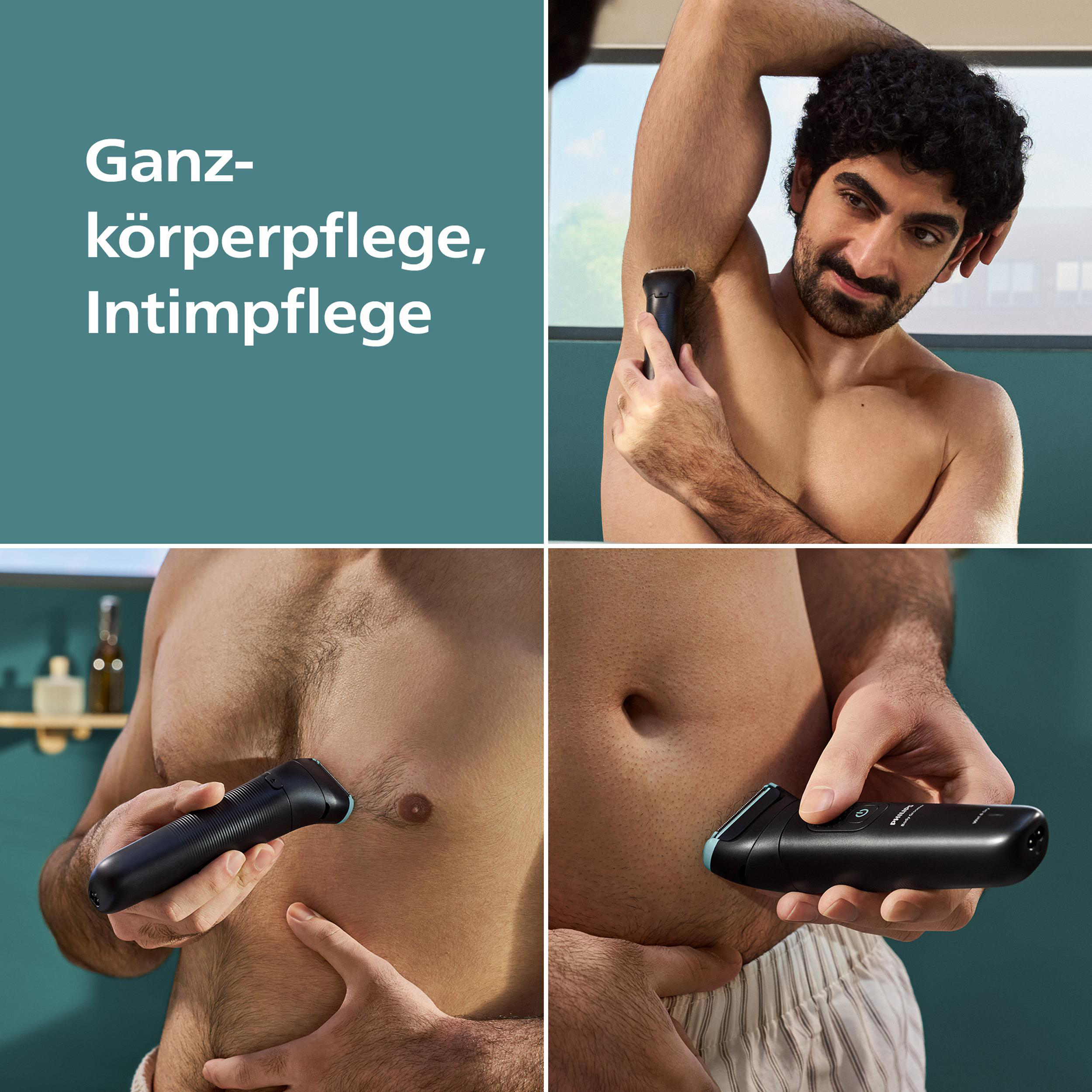 Ein Mann rasiert seinen Körper mit einem schwarzen Rasierer. Das Bild zeigt verschiedene Körperteile, die rasiert werden, einschließlich Achselhöhle und Brust.