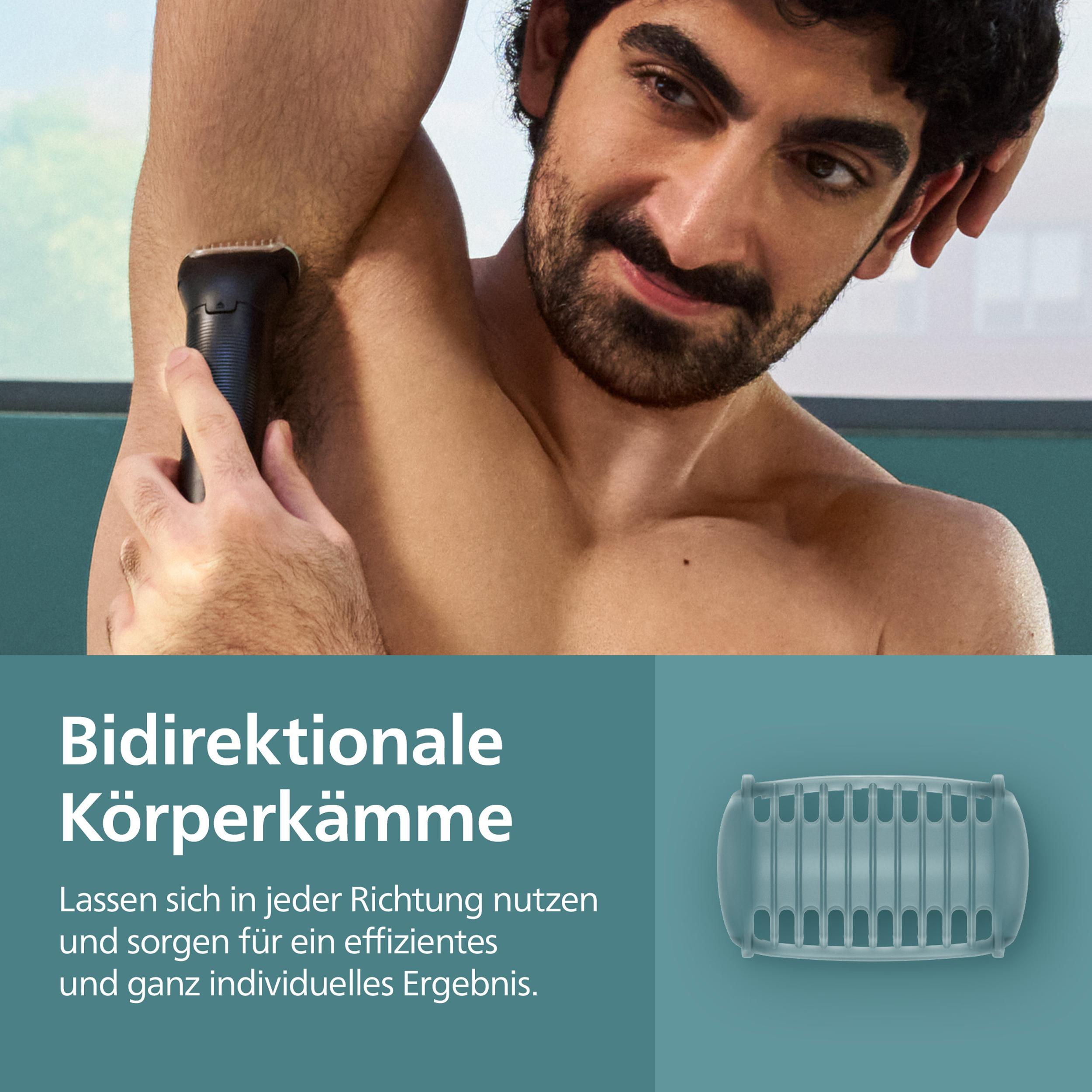 Ein Mann rasiert seine Achselhöhle mit einem Trimmer. Das Bild enthält einen Trimmer und einen Kamm. Text auf Deutsch ist sichtbar.