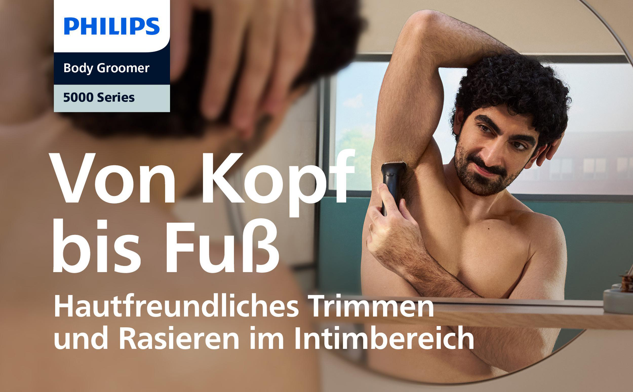 Ein Mann rasiert sich mit einem Philips Body Groomer unter dem Arm. Der Text lautet 'Von Kopf bis Fuß' und 'Body Groomer 5000 Series'.