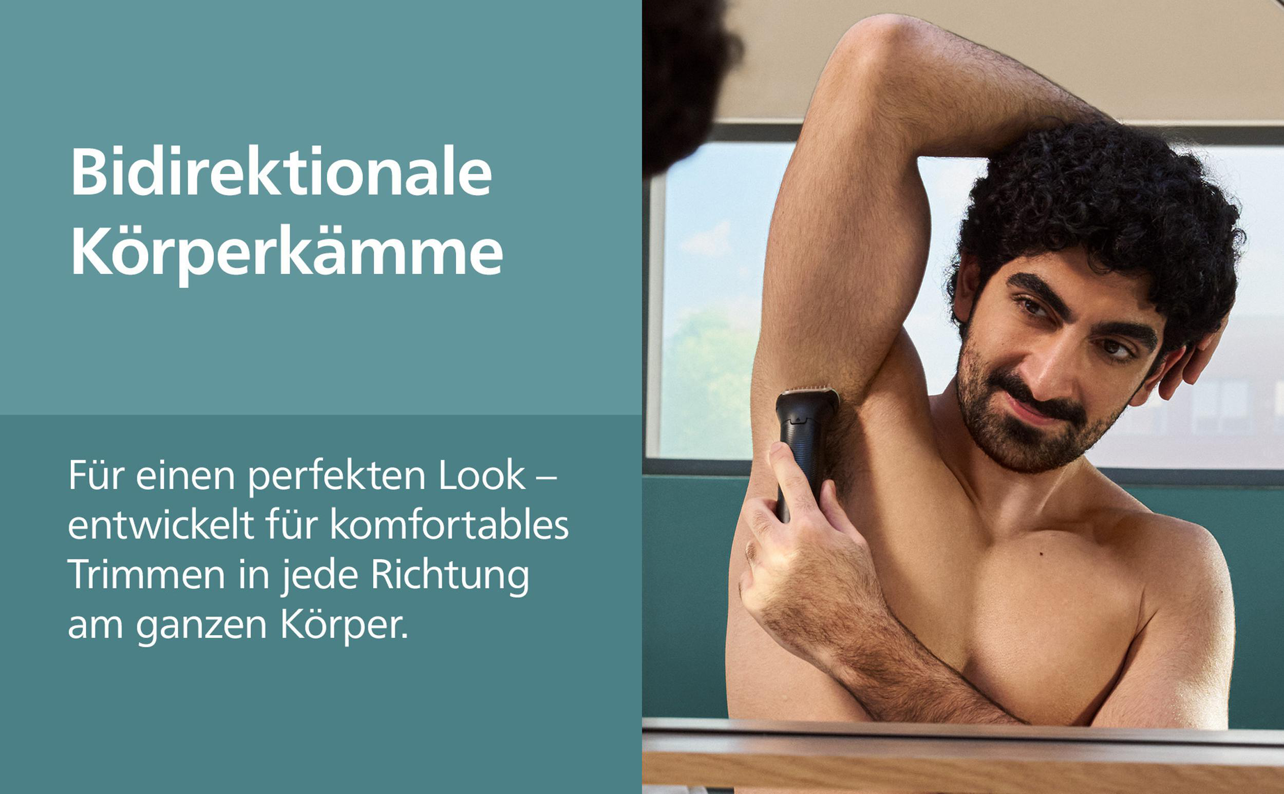 Ein Mann rasiert sich mit einem Trimmer die Achselhöhle und blickt in einen Spiegel. Text links beschreibt das Produkt.