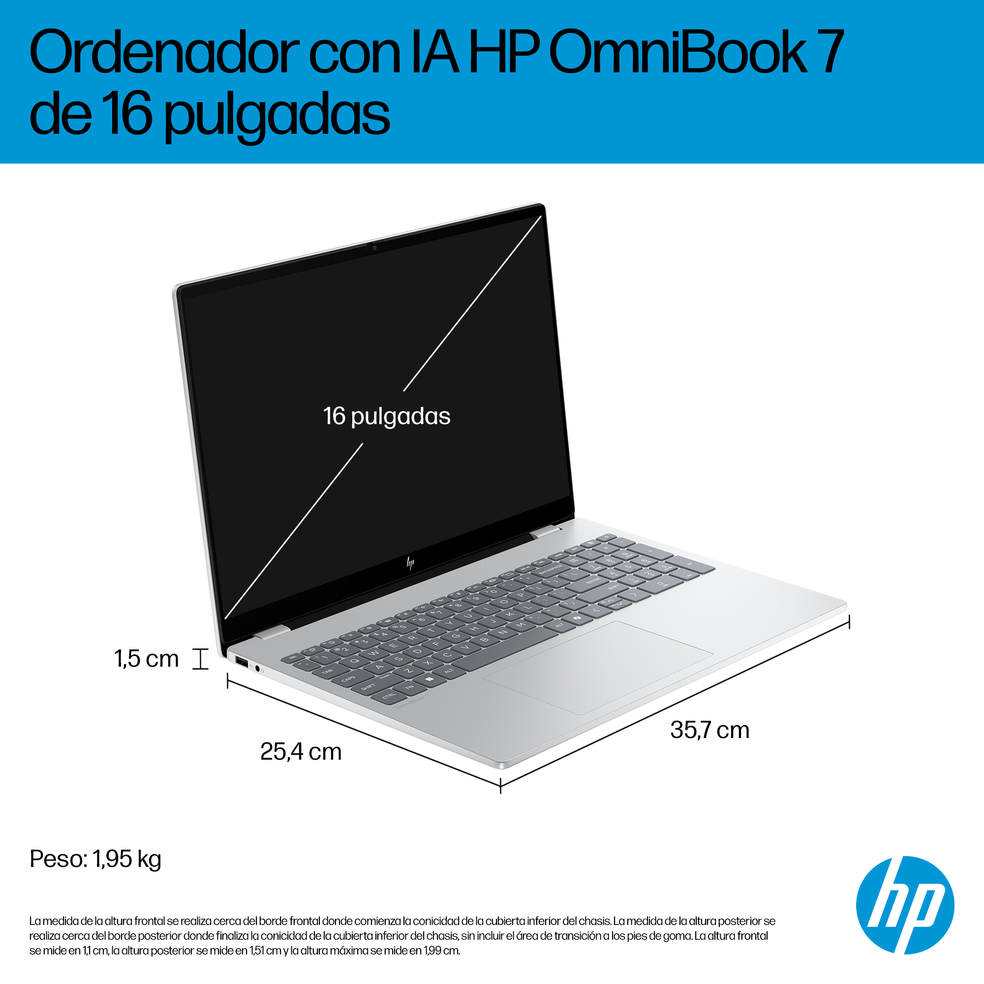 Portátil HP OmniBook plateado con pantalla negra. Se muestran las dimensiones. El portátil está sobre un fondo blanco.