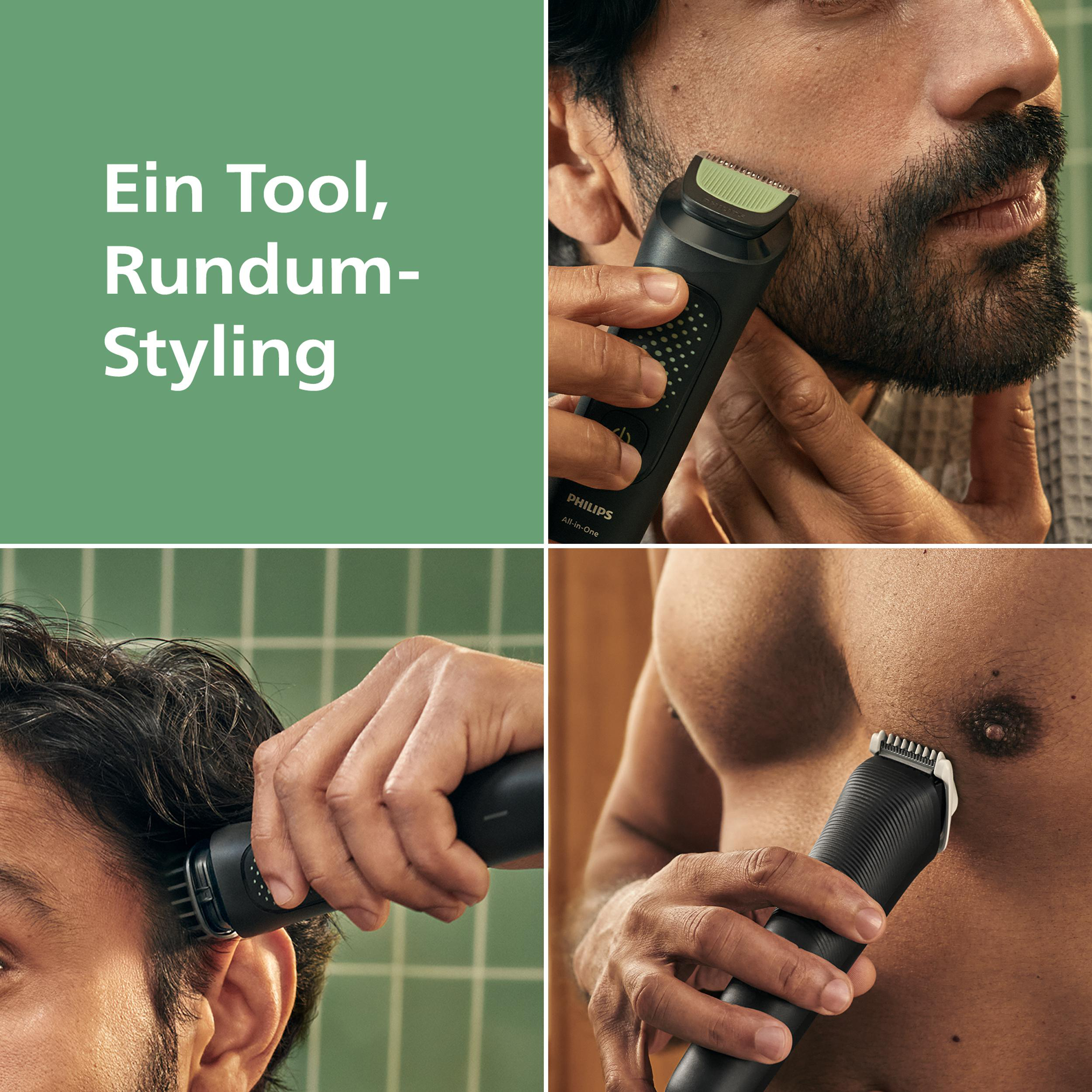 Eine Werbung zeigt einen Mann, der einen Philips Trimmer an seinem Bart, seinen Haaren und seiner Brust benutzt.