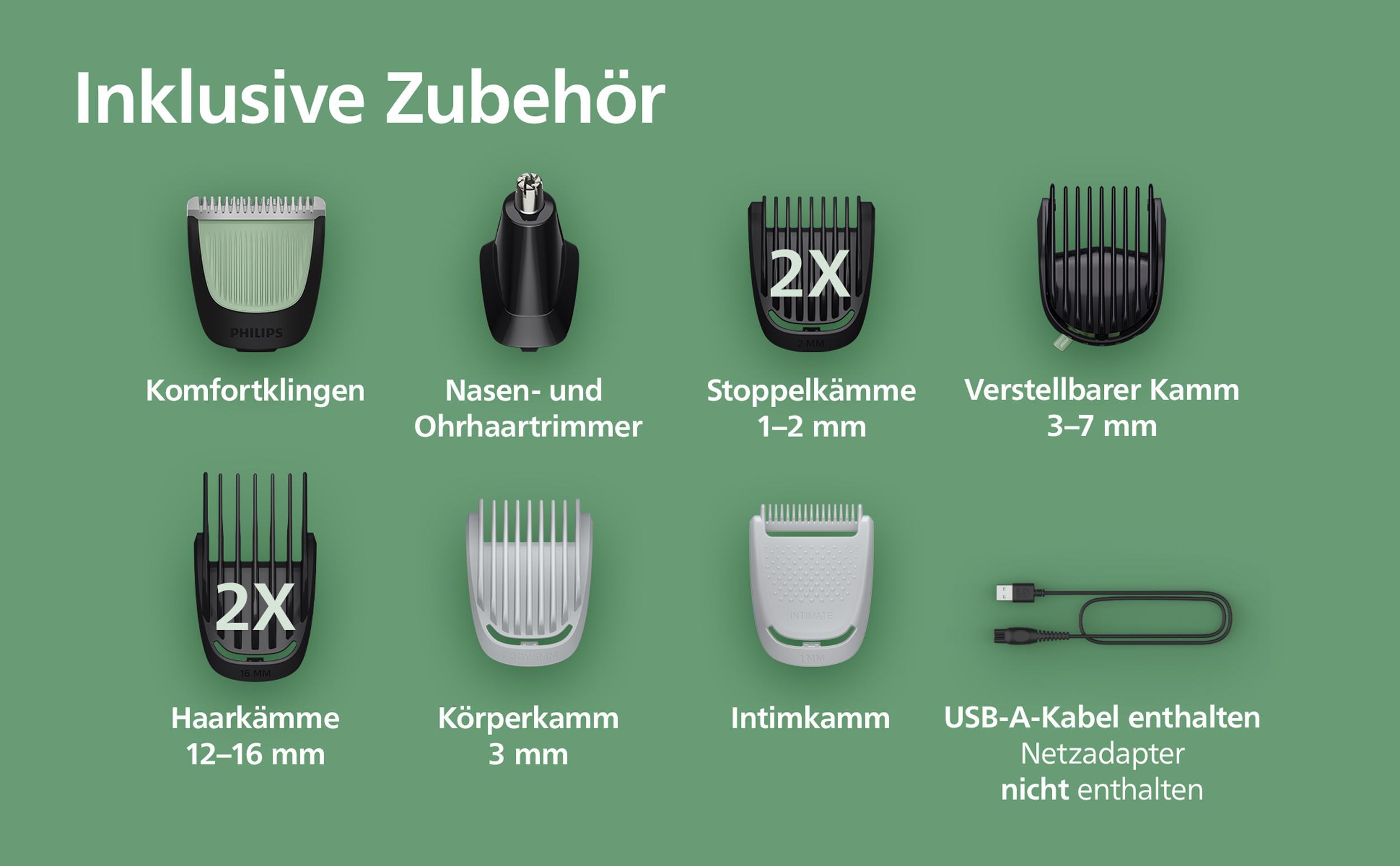 Das Bild zeigt Trimmeraufsätze: Kämme, Klingen, einen Nasentrimmer und ein USB-Kabel. Text beschreibt jeden Teil.