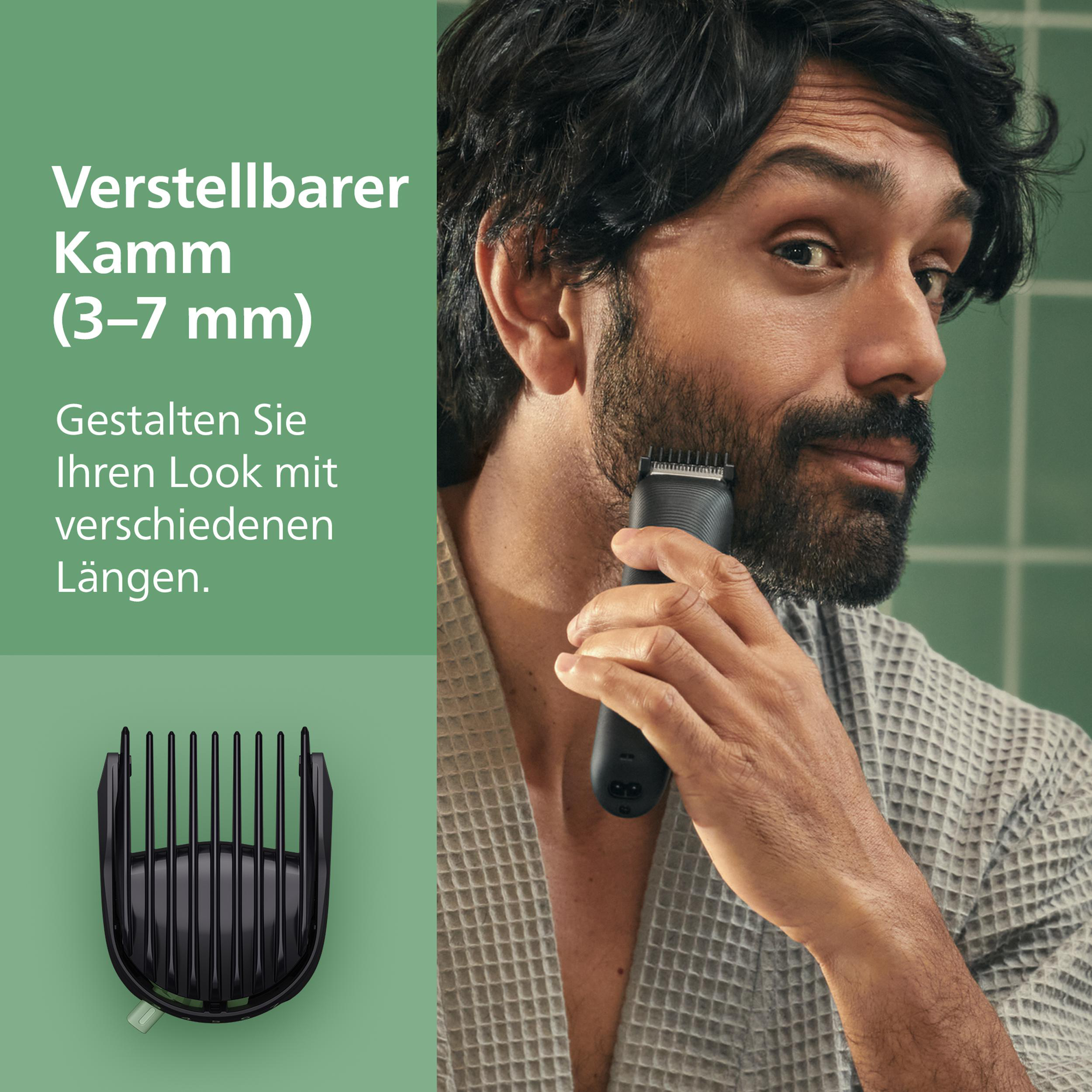 Ein Mann rasiert seinen Bart mit einem Trimmer. Er trägt einen grauen Bademantel. Text auf Deutsch lautet 'Verstellbarer Kamm (3-7 mm)'.