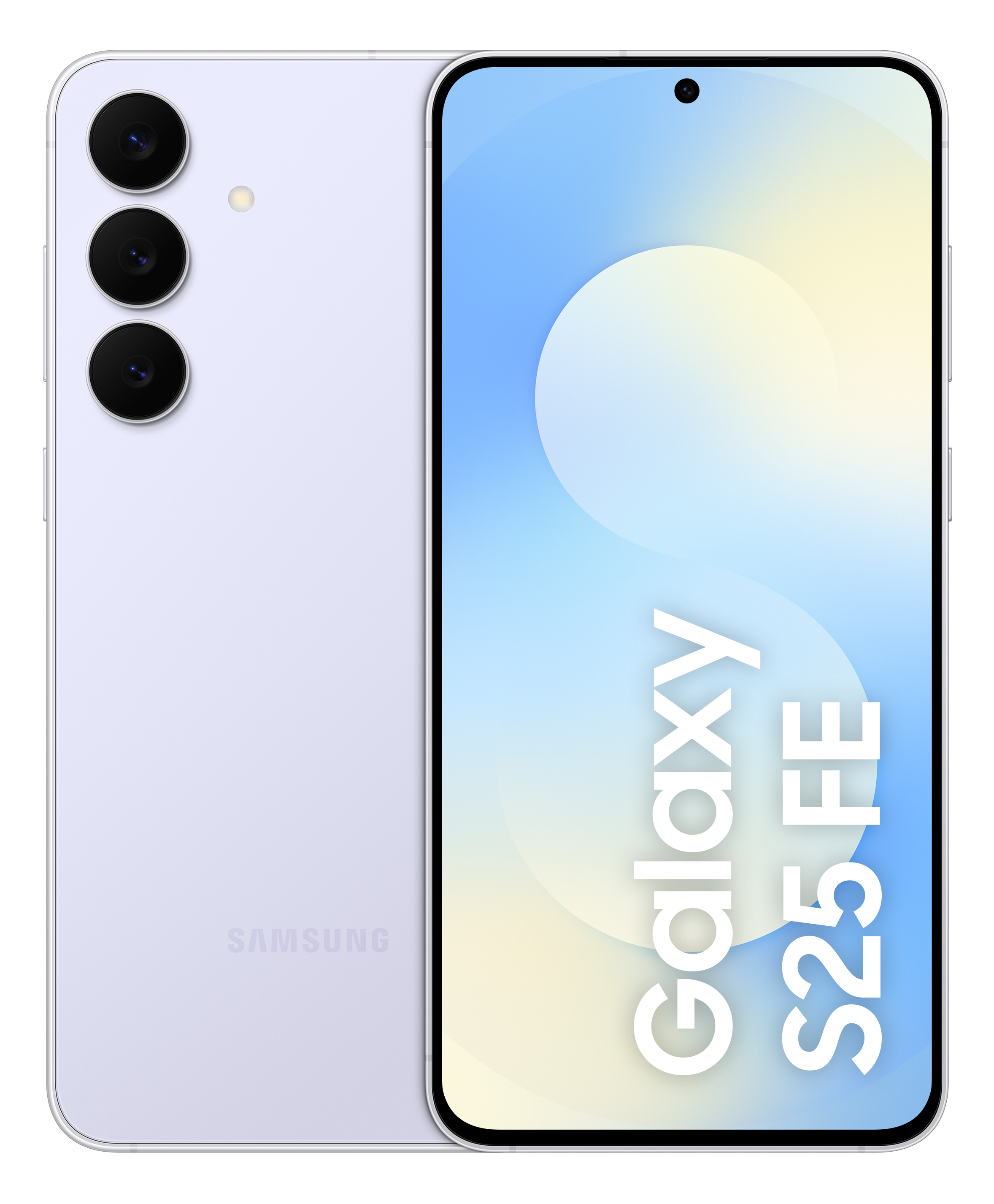 Widoczny jest jasno fioletowy telefon Samsung Galaxy S25 FE. Ekran wyświetla gradient niebieskiego i białego z nazwą telefonu.