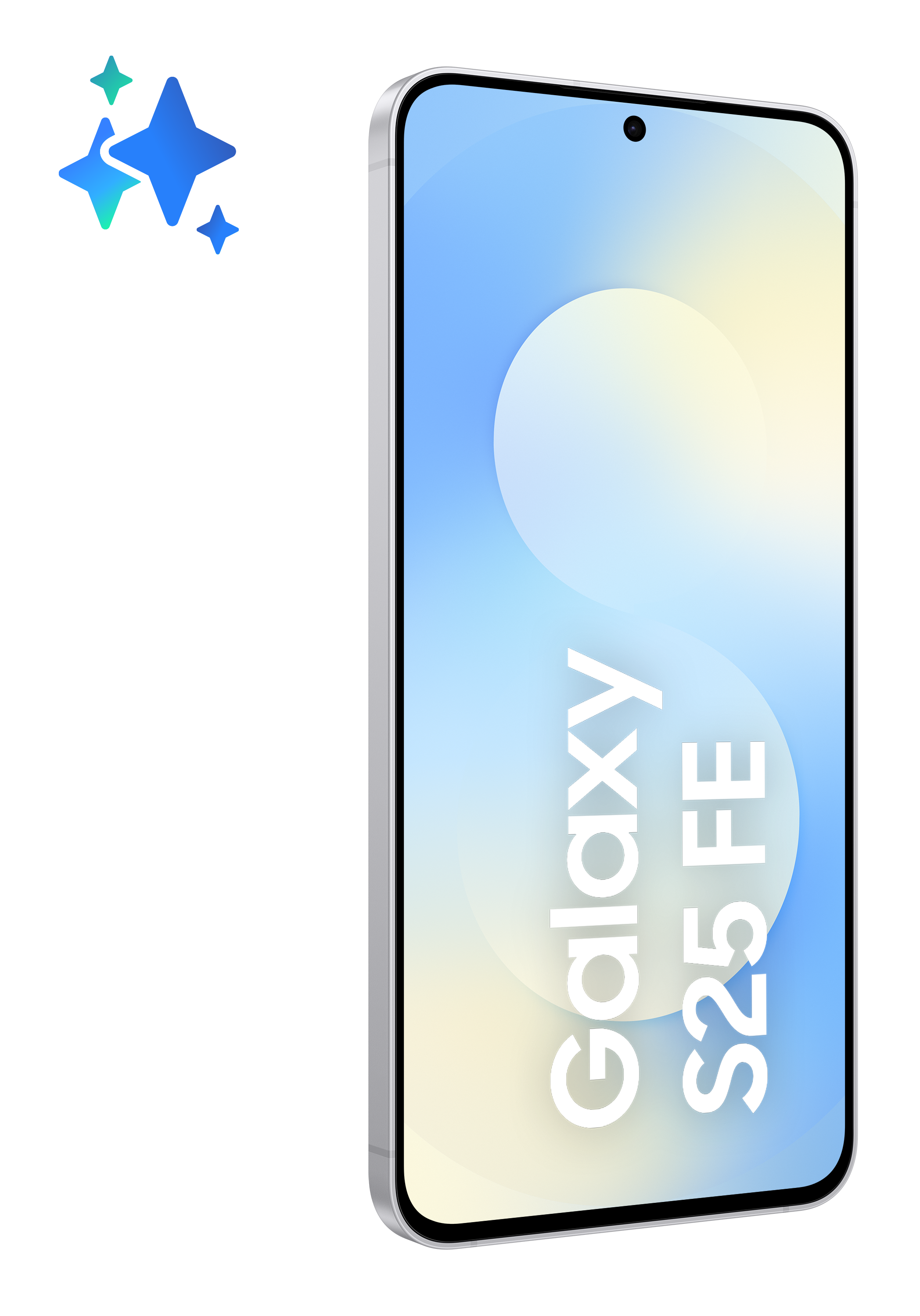 Srebrny smartfon, Galaxy S25 FE, na czarnym tle. Po lewej trzy niebieskie gwiazdy. Ekran jest niebieski i żółty.