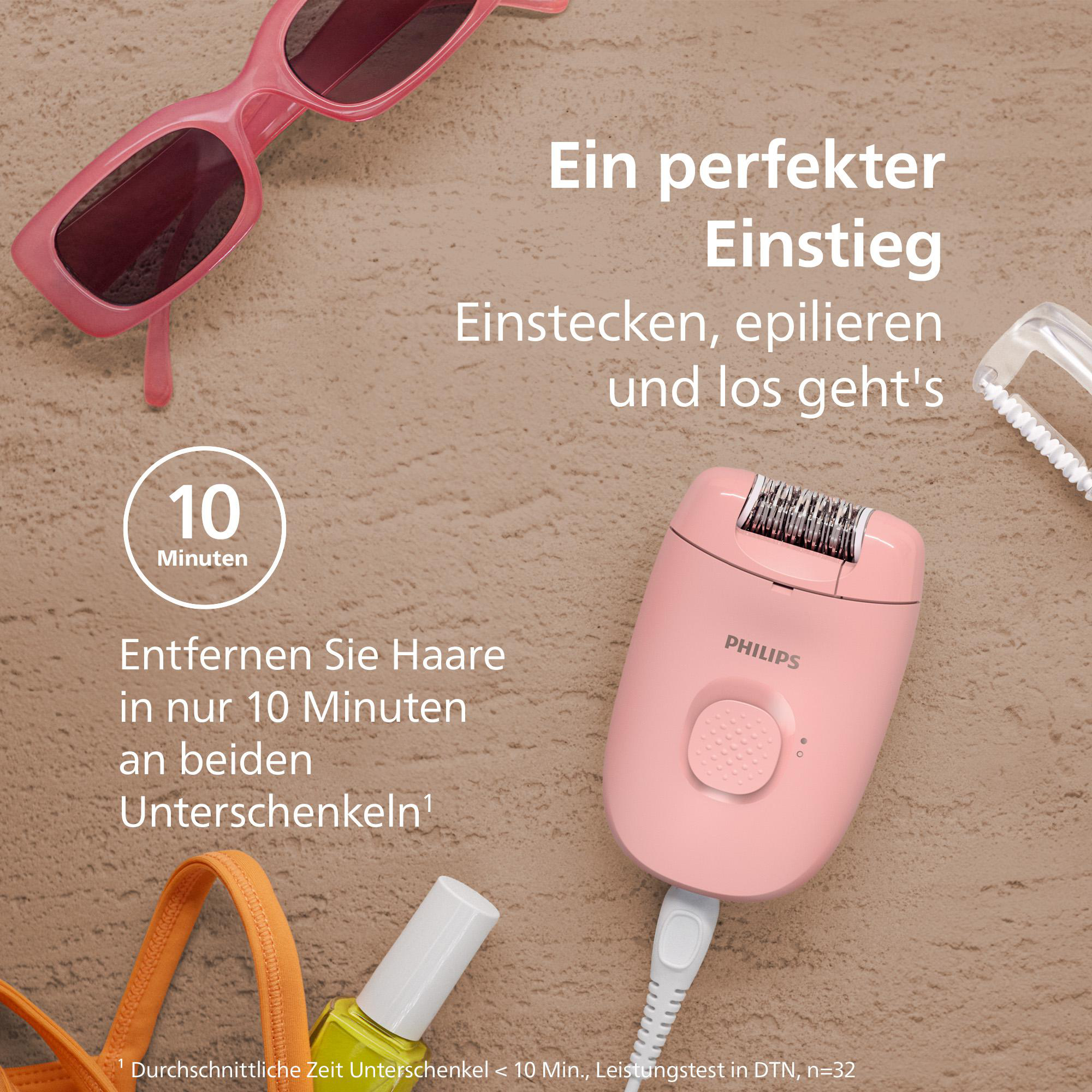 Rosa Epilierer mit Kabel, rosa Sonnenbrille und Text auf beigem Untergrund. Text beinhaltet: '10 Minuten', 'Ein perfekter Einstieg'.