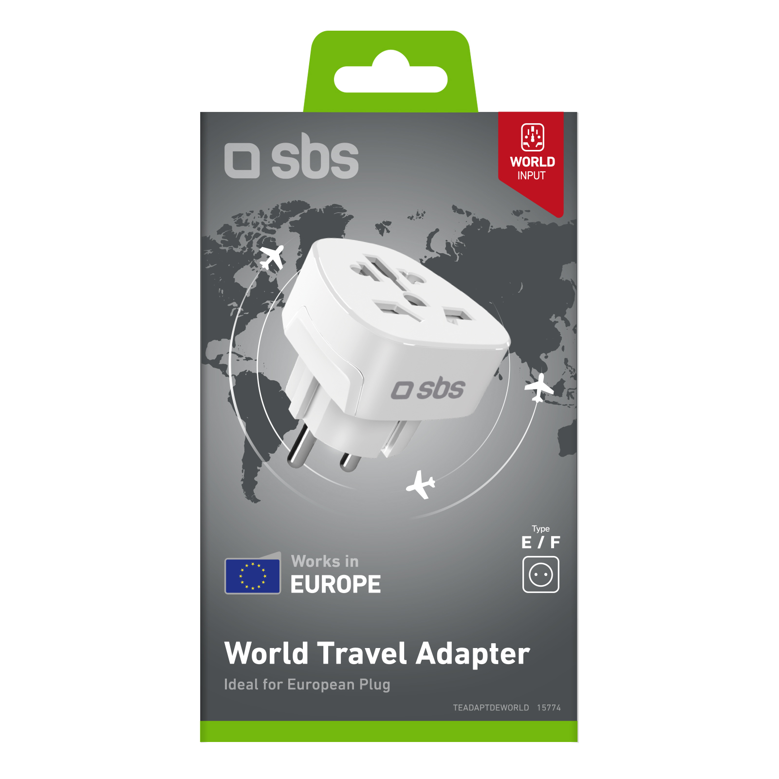 Ein weißer Reiseadapter mit mehreren Steckertypen auf grauem Hintergrund. Er hat die Marke 'sbs' und den Text 'World Travel Adapter'.