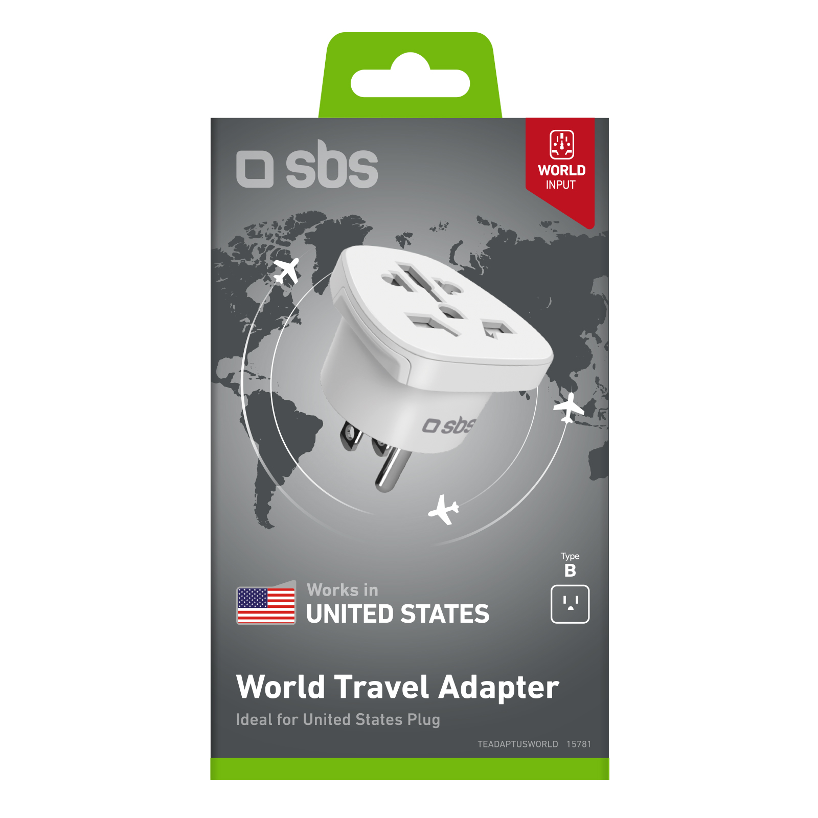 Weißer Weltreiseadapter mit mehreren Steckertypen, beschriftet mit 'sbs', vor einem Weltkartenhintergrund. Er funktioniert in den USA.