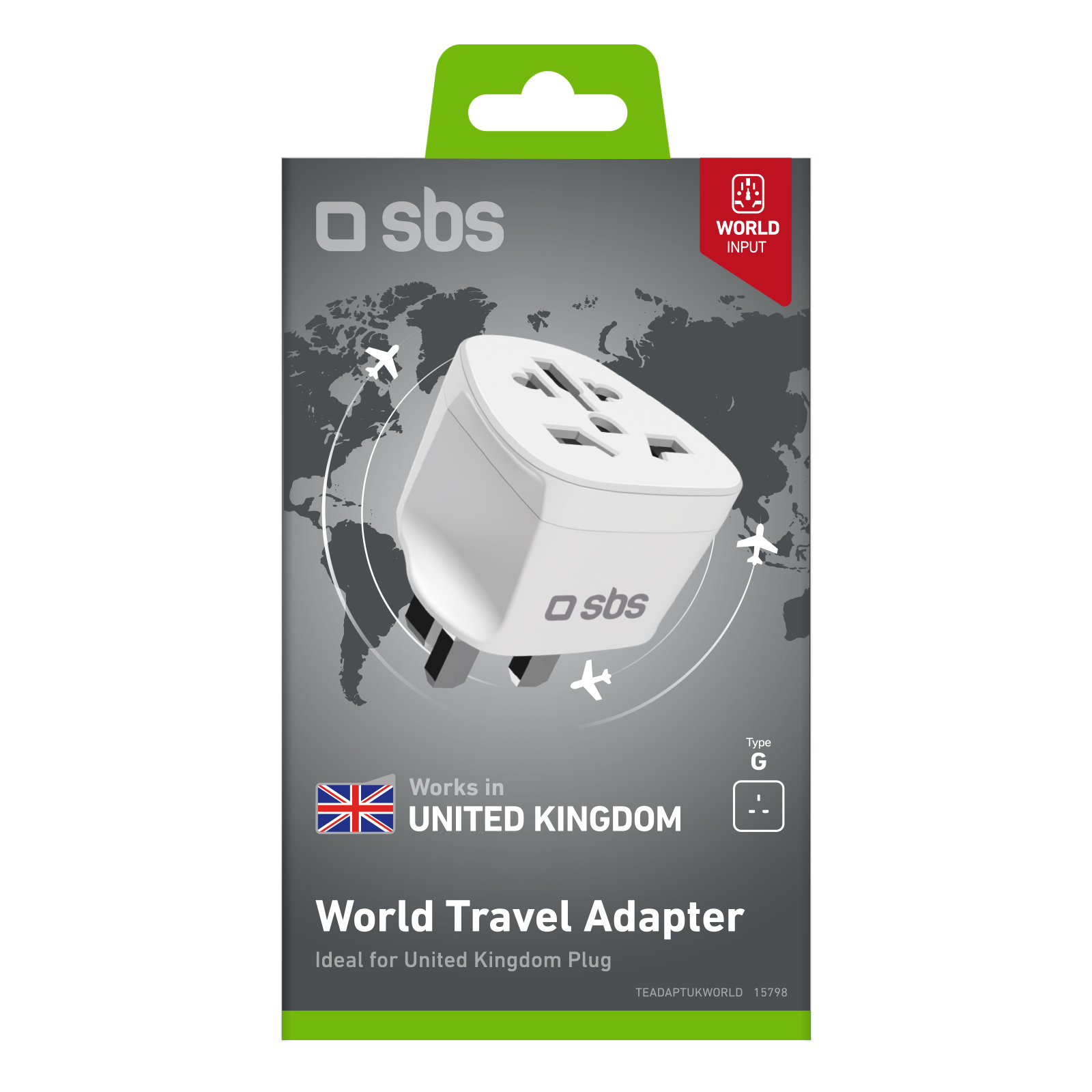 Ein weißer Reiseadapter auf grauem Hintergrund mit Weltkarte. Die Verpackung weist auf die Verwendung in Großbritannien hin.