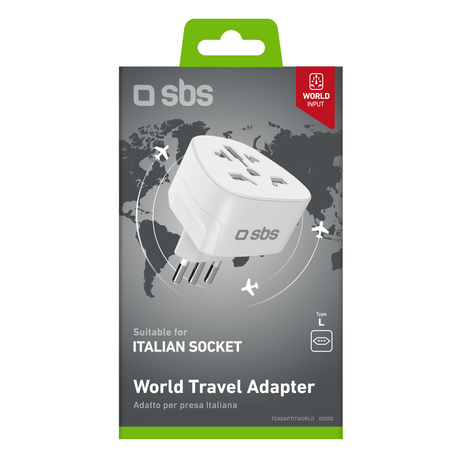 Ein weißer Reiseadapter für italienische Steckdosen auf einer Schachtel mit Weltkartenhintergrund. Die Marke ist sbs.