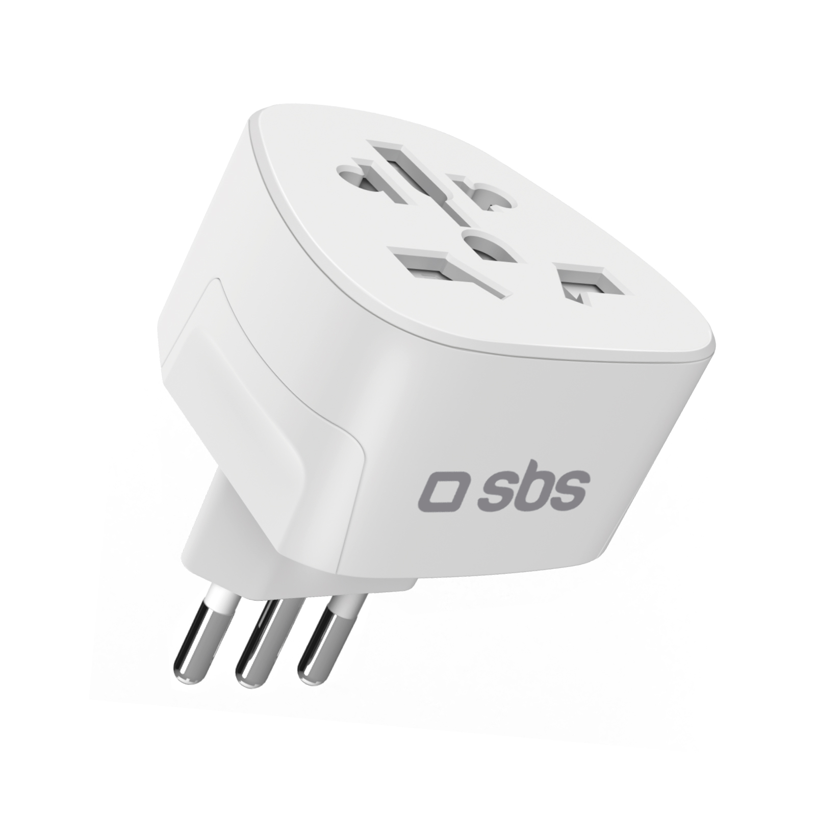 Ein weißer Universal-Reiseadapter mit drei Stiften und mehreren Steckdosen. Die Marke 'sbs' ist auf der Seite aufgedruckt.