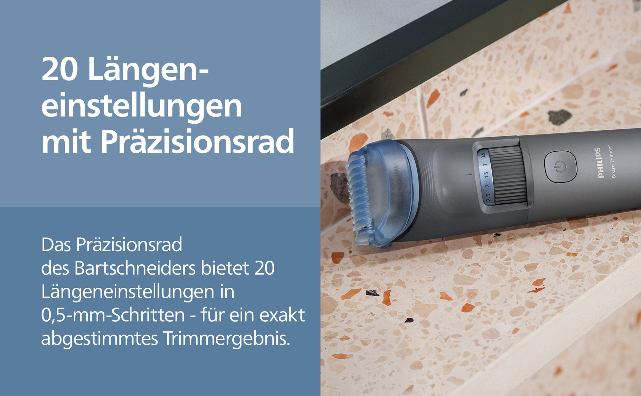 Grauer Philips Bartschneider mit blauem Schutz. Text links: 20 Längeneinstellungen mit Präzisionsrad.