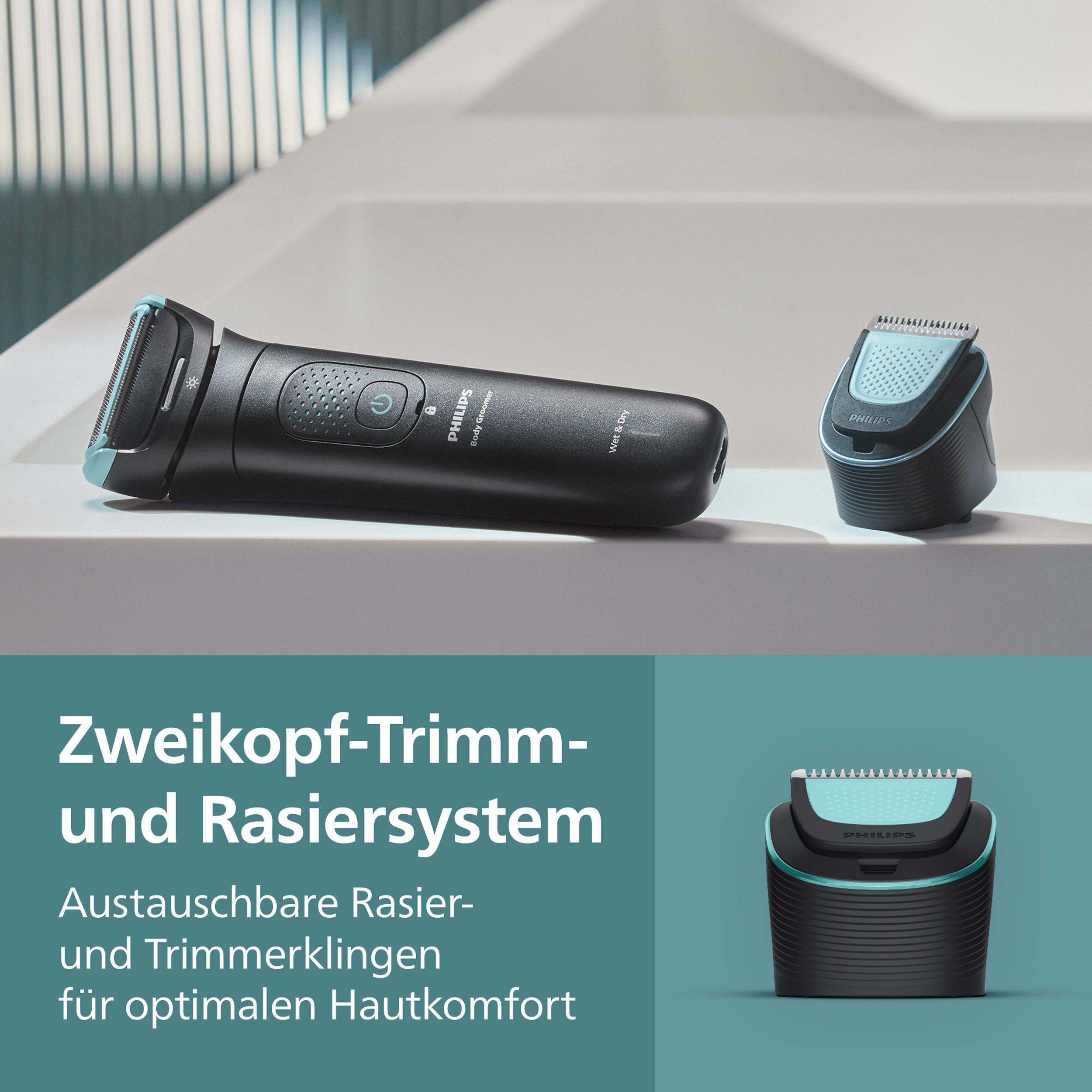 Schwarzer Philips Body Groomer und Trimmer mit blauen Akzenten. Es liegt auf einer weißen Oberfläche. Der Hintergrund ist türkis und weiß.