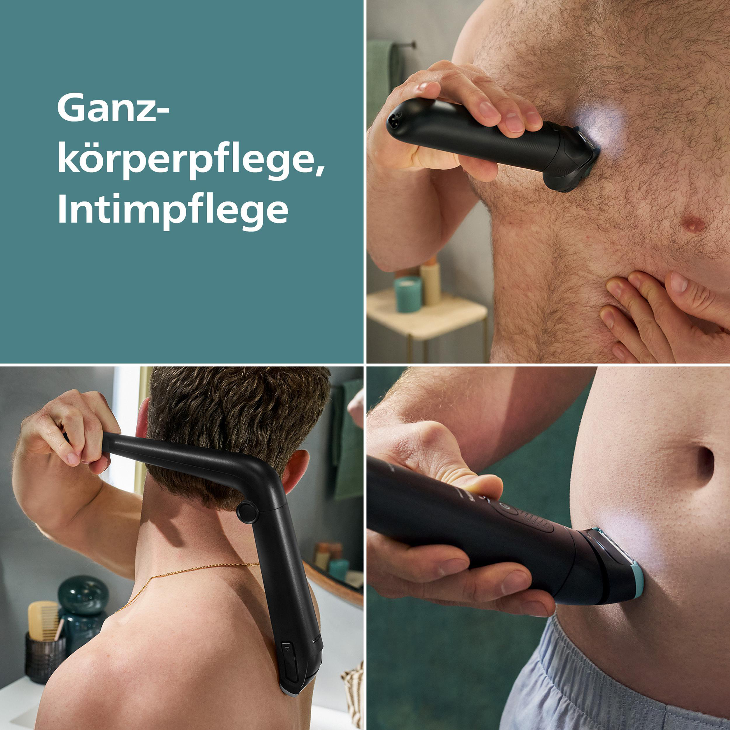 Das Bild zeigt einen Mann, der ein Pflegegerät an seinem Körper benutzt. Das Gerät hat ein Licht und wird zur Körperhaarentfernung verwendet.