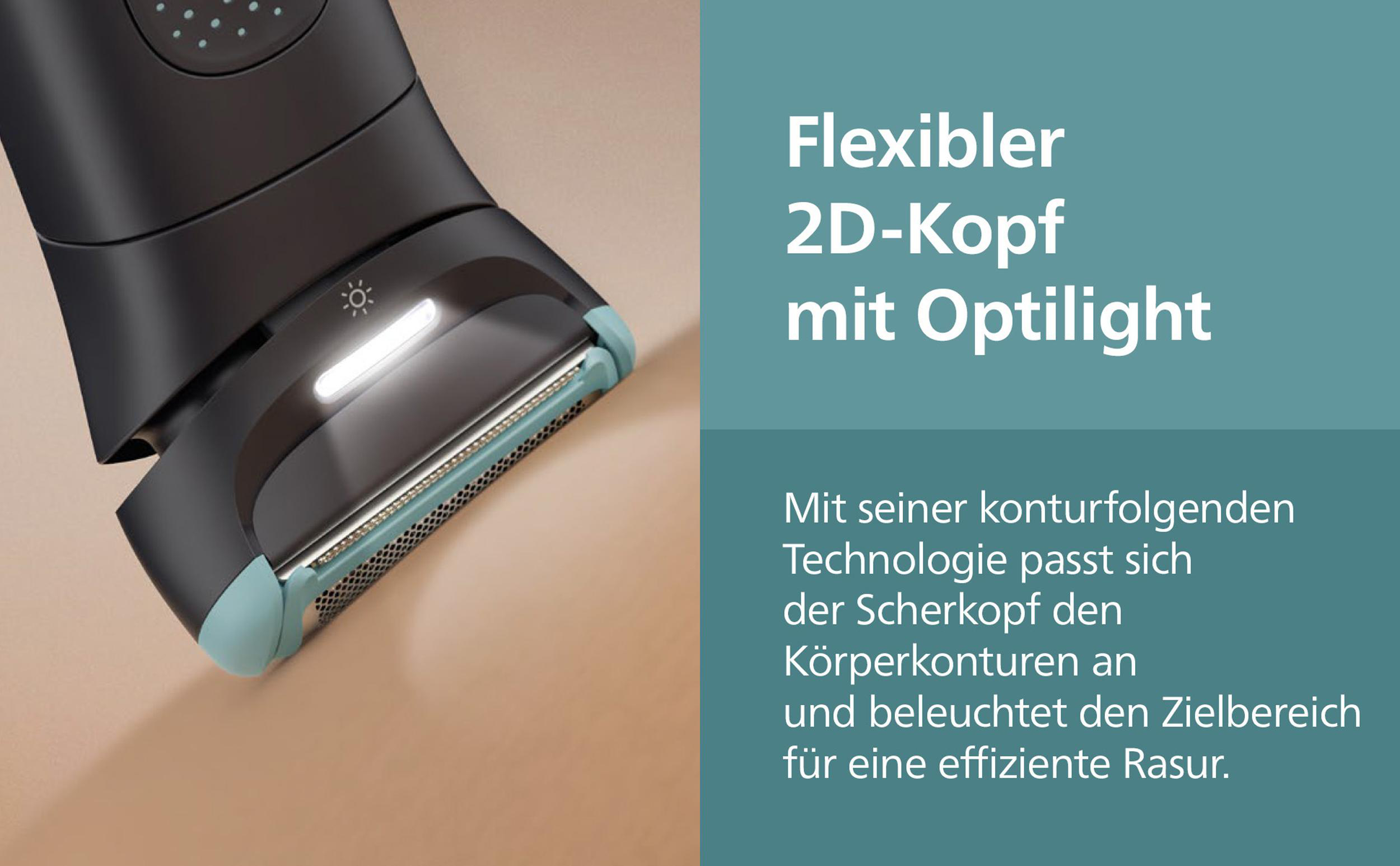 Nahaufnahme eines schwarzen Rasierers mit Licht. Text: Flexibler 2D-Kopf mit Optilight. Es passt sich dem Körper an.