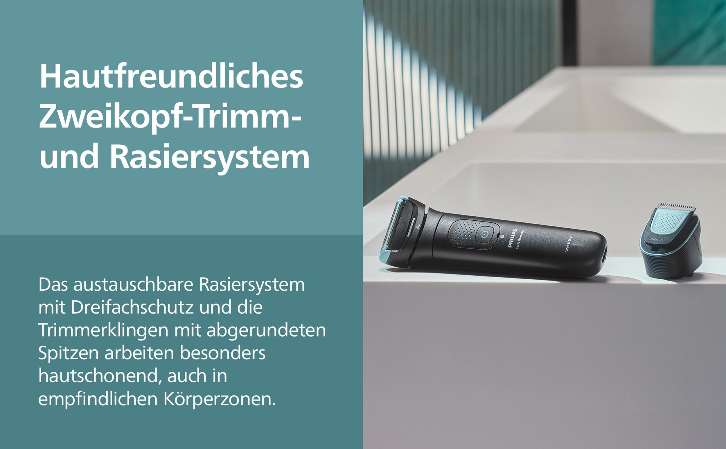 Schwarzer Philips Rasierer und Trimmerköpfe auf weißer Oberfläche. Deutscher Text beschreibt Funktionen.