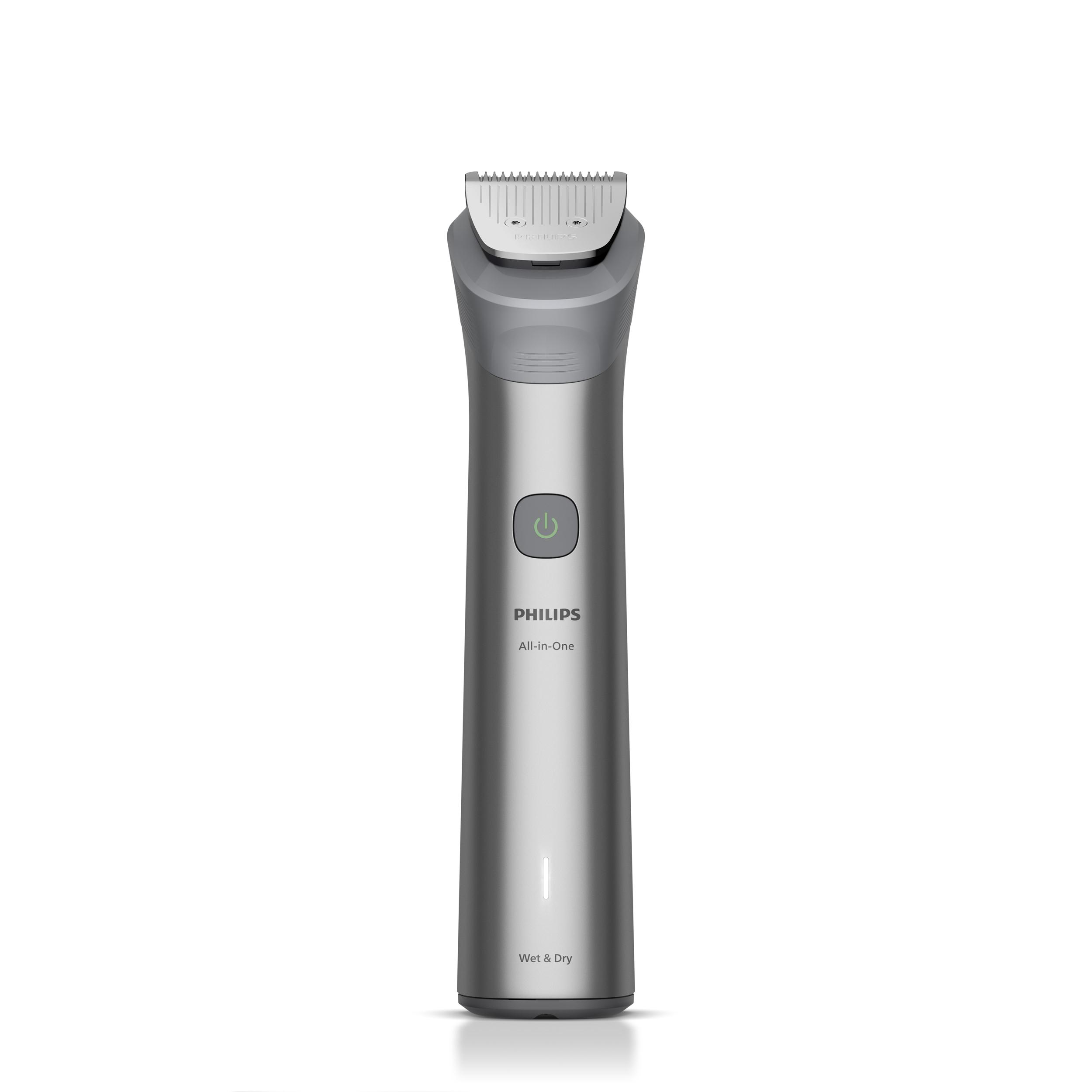 Ein silberner Philips All-in-One Trimmer vor weißem Hintergrund. Mit Ein-Aus-Taste und Text Wet & Dry.