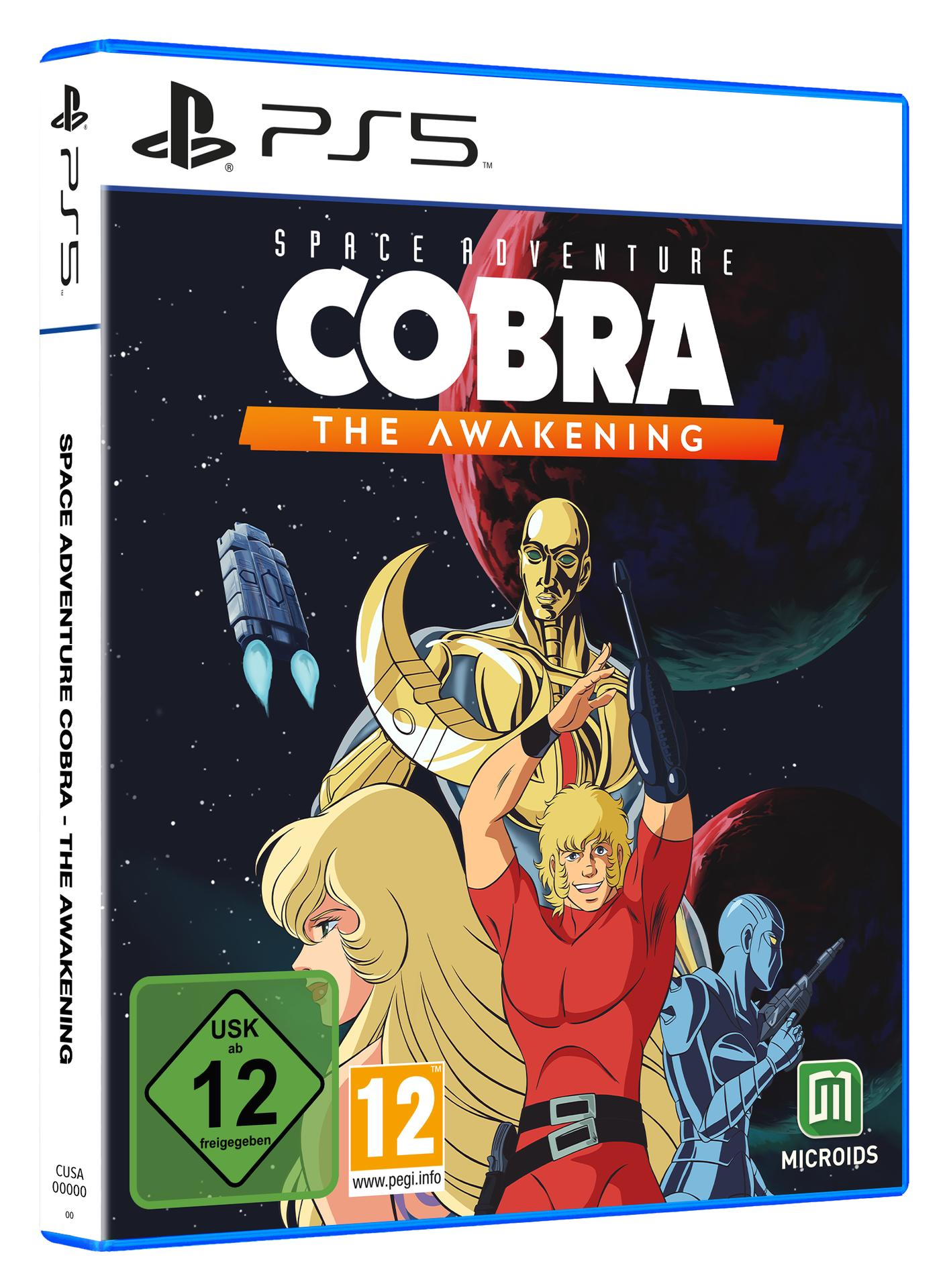 Spielebox-Art. Cobra in Rot, Gold-Roboter, blaue Figur, Raumschiff, Planeten. Titel: Space Adventure Cobra - The Awakening. PS5-Logo.