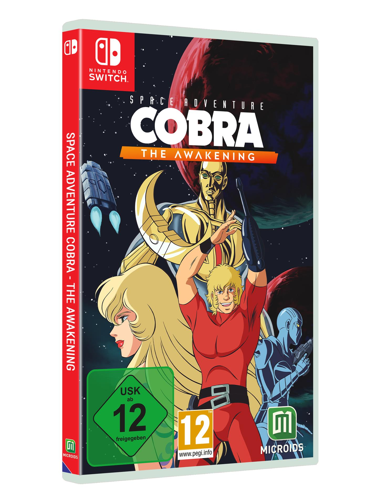 Spiel-Cover: Cobra, das Erwachen. Figuren mit rotem, blondem Haar. Hintergrund: Weltraum mit Planeten. Enthält Nintendo Switch-Logo und Altersfreigaben.