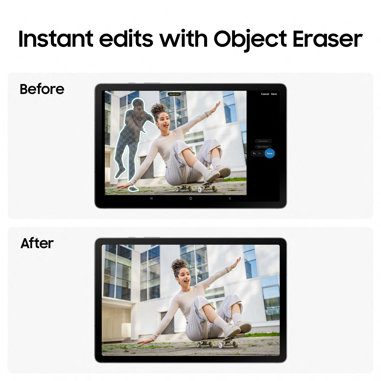 Image comparison: Before, a person is edited out from a skater image. After, the skater is alone on the skateboard.