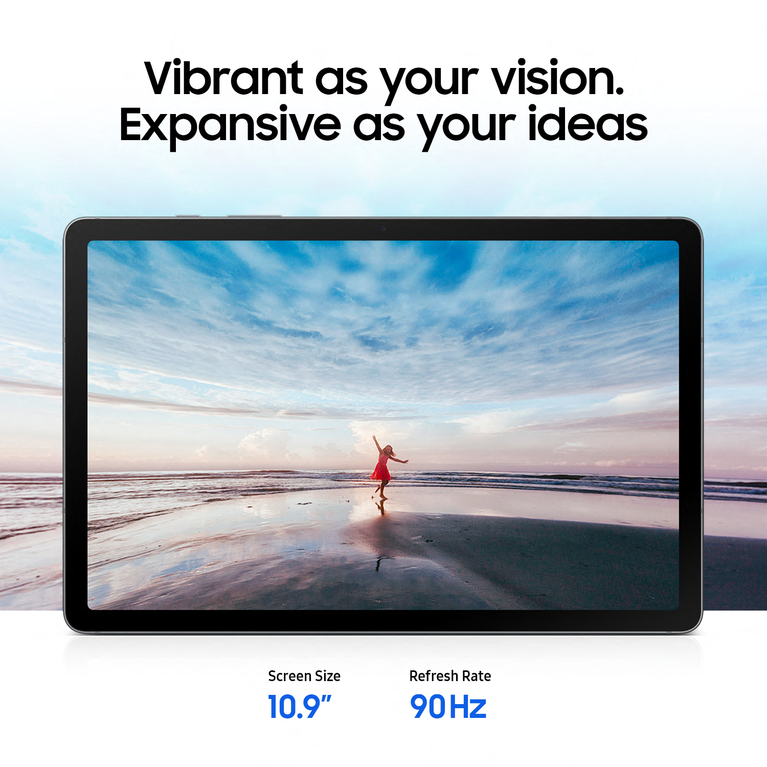 A tablet displays a beach scene. A person in red stands on the shore. Text at top says 'Vibrant as your vision, Expansive as your ideas'.