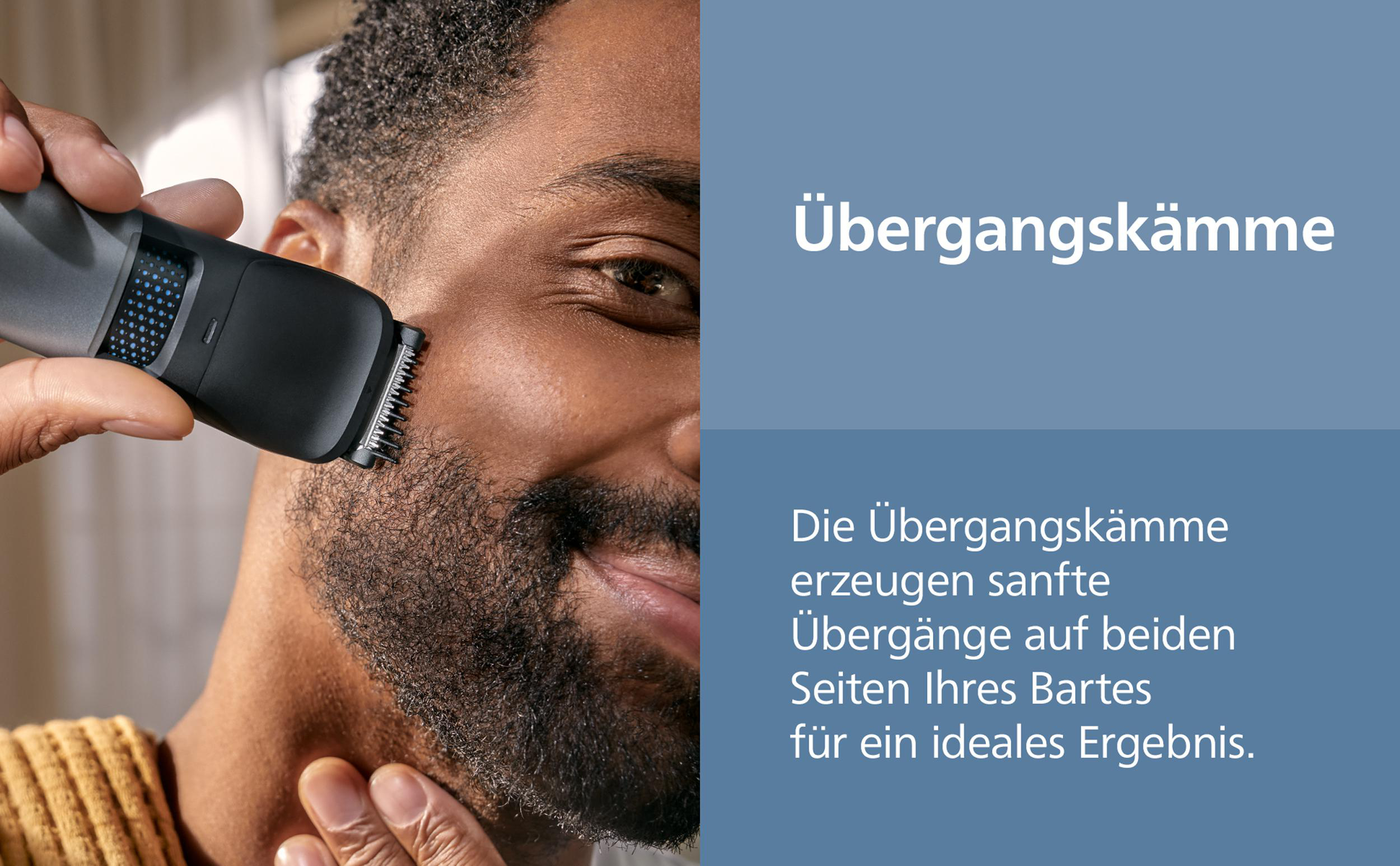 Ein Mann rasiert seinen Bart mit einem Trimmer. Der Trimmer ist schwarz und grau. Der Hintergrund ist ein blaues Rechteck.