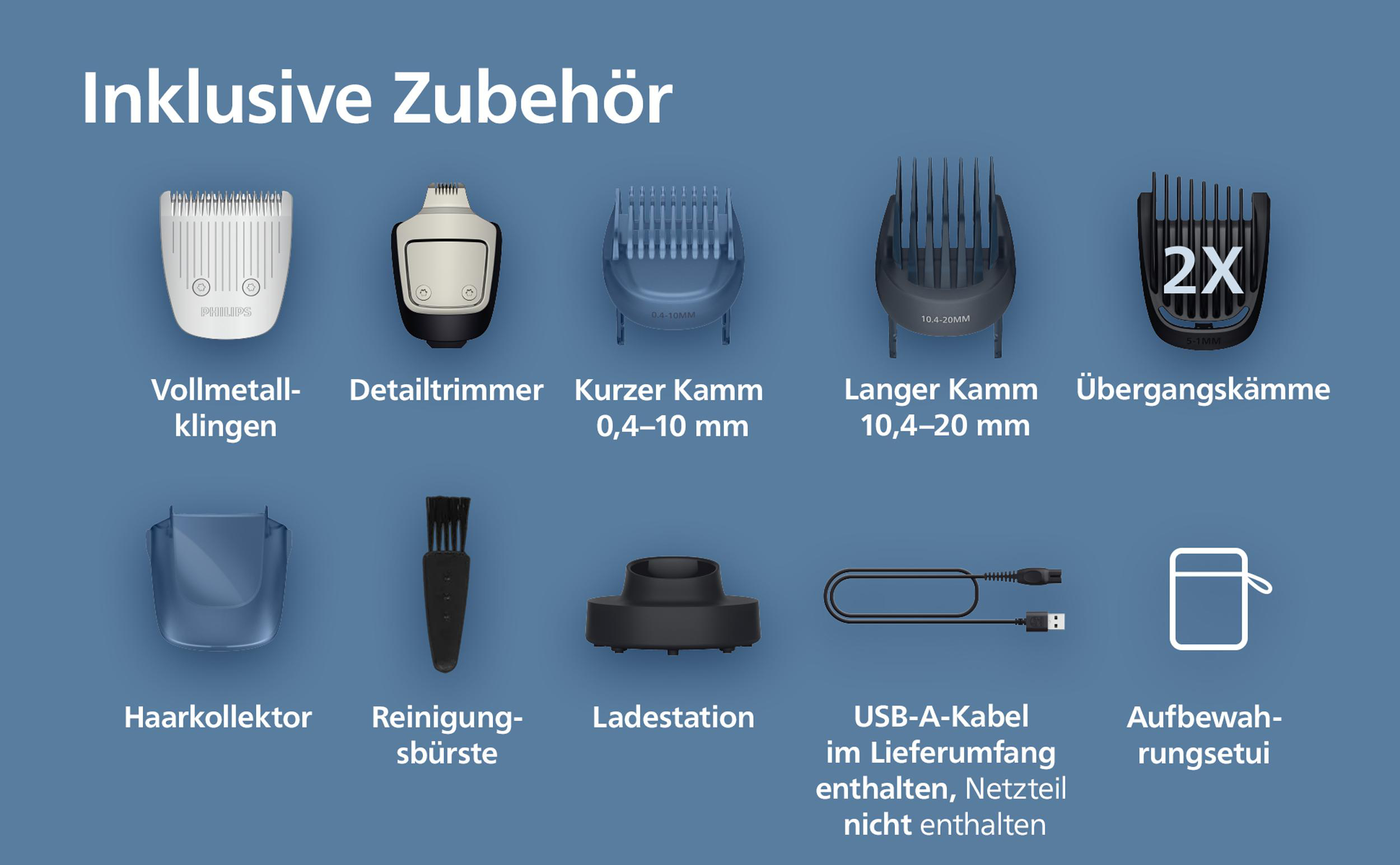 Das Bild zeigt verschiedene Pflegezubehörteile, darunter Klingen, Kämme, eine Bürste, ein Ladegerät und eine Aufbewahrungstasche.