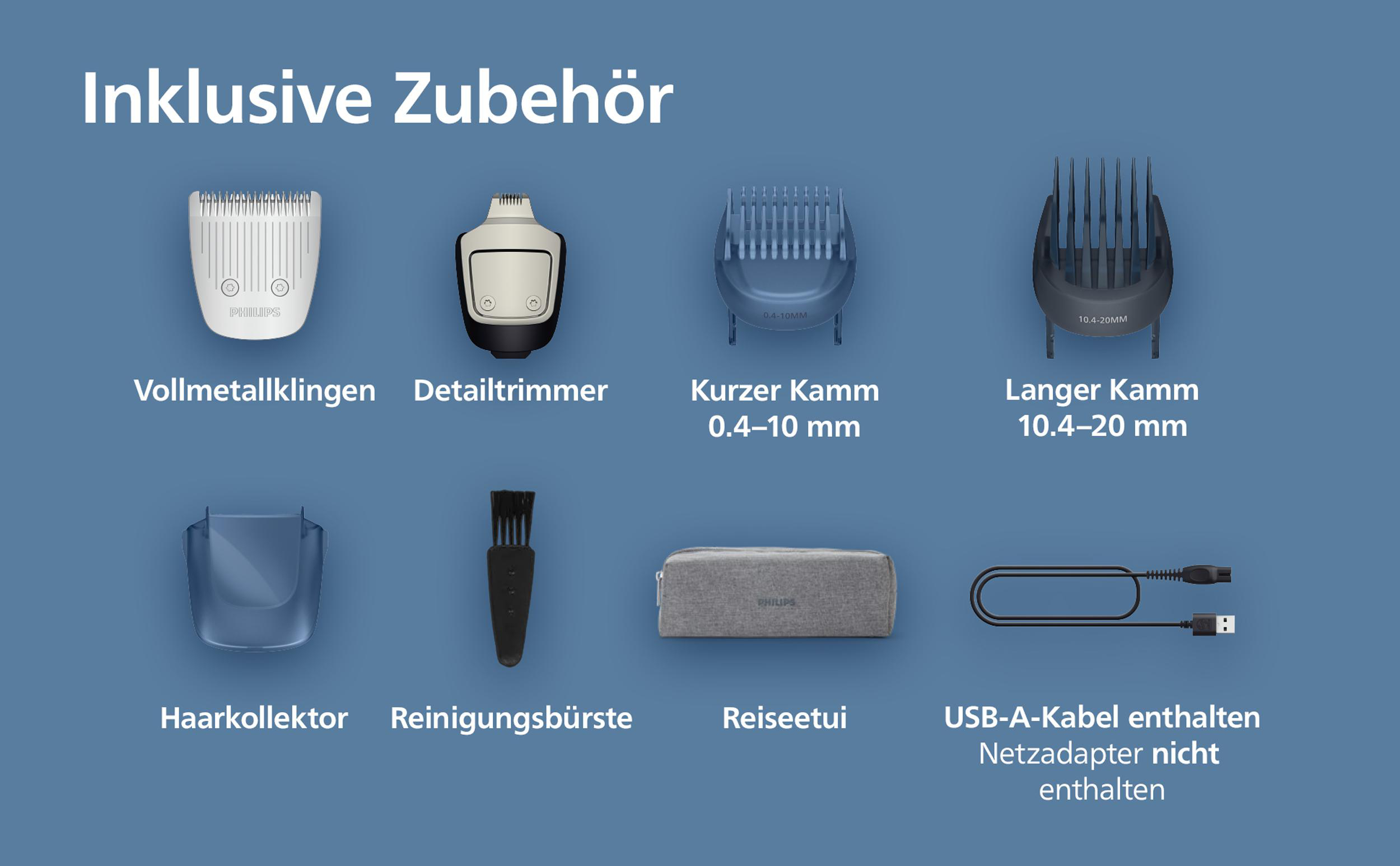 Das Bild zeigt Philips-Zubehör für das Pflegeset: Klinge, Trimmer, Kämme, Haarauffangbehälter, Bürste, Reiseetui und USB-Kabel.