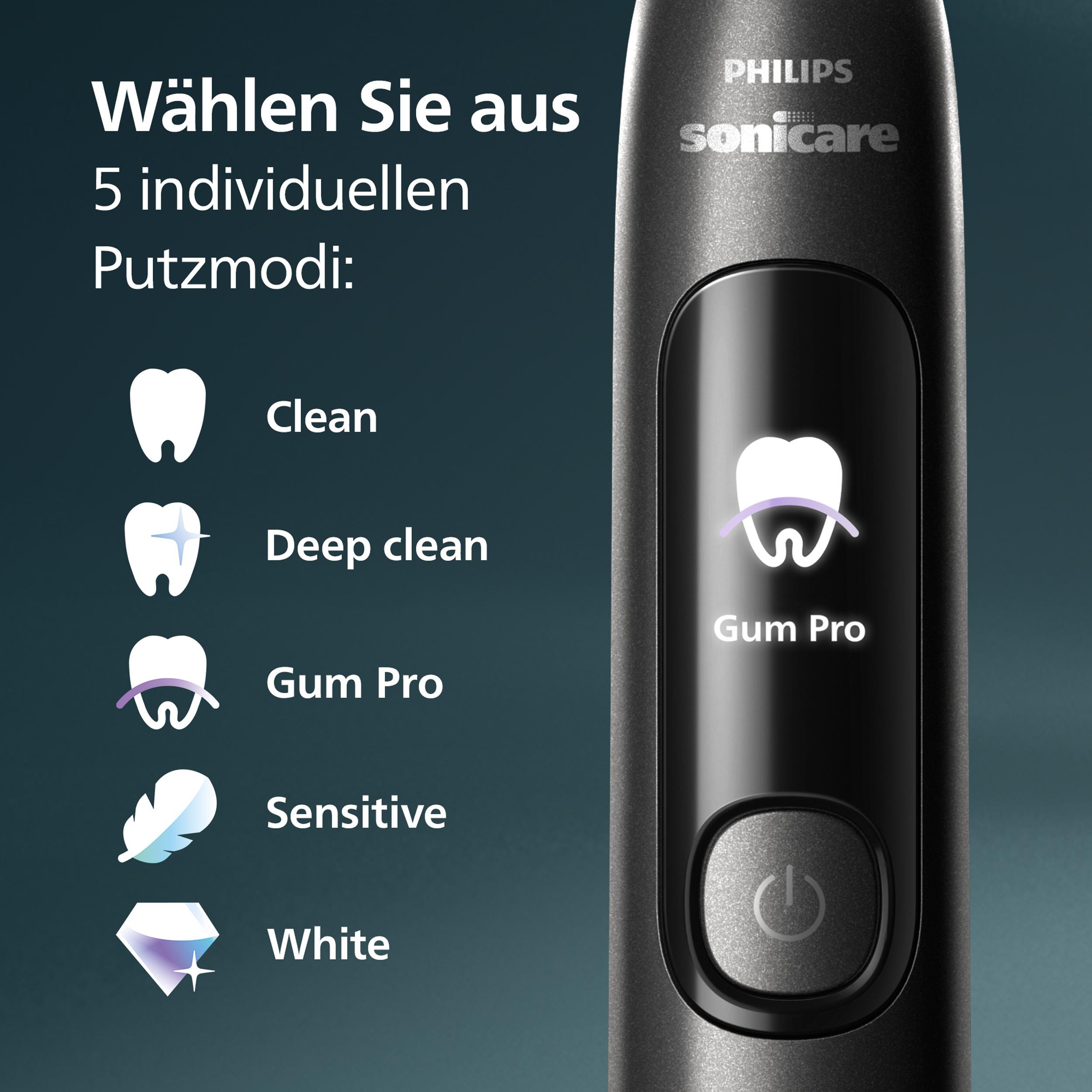 Eine elektrische Zahnbürste mit Reinigungsmodi. Modi sind: Clean, Deep Clean, Gum Pro, Sensitive und White. Ein Power-Knopf ist sichtbar.